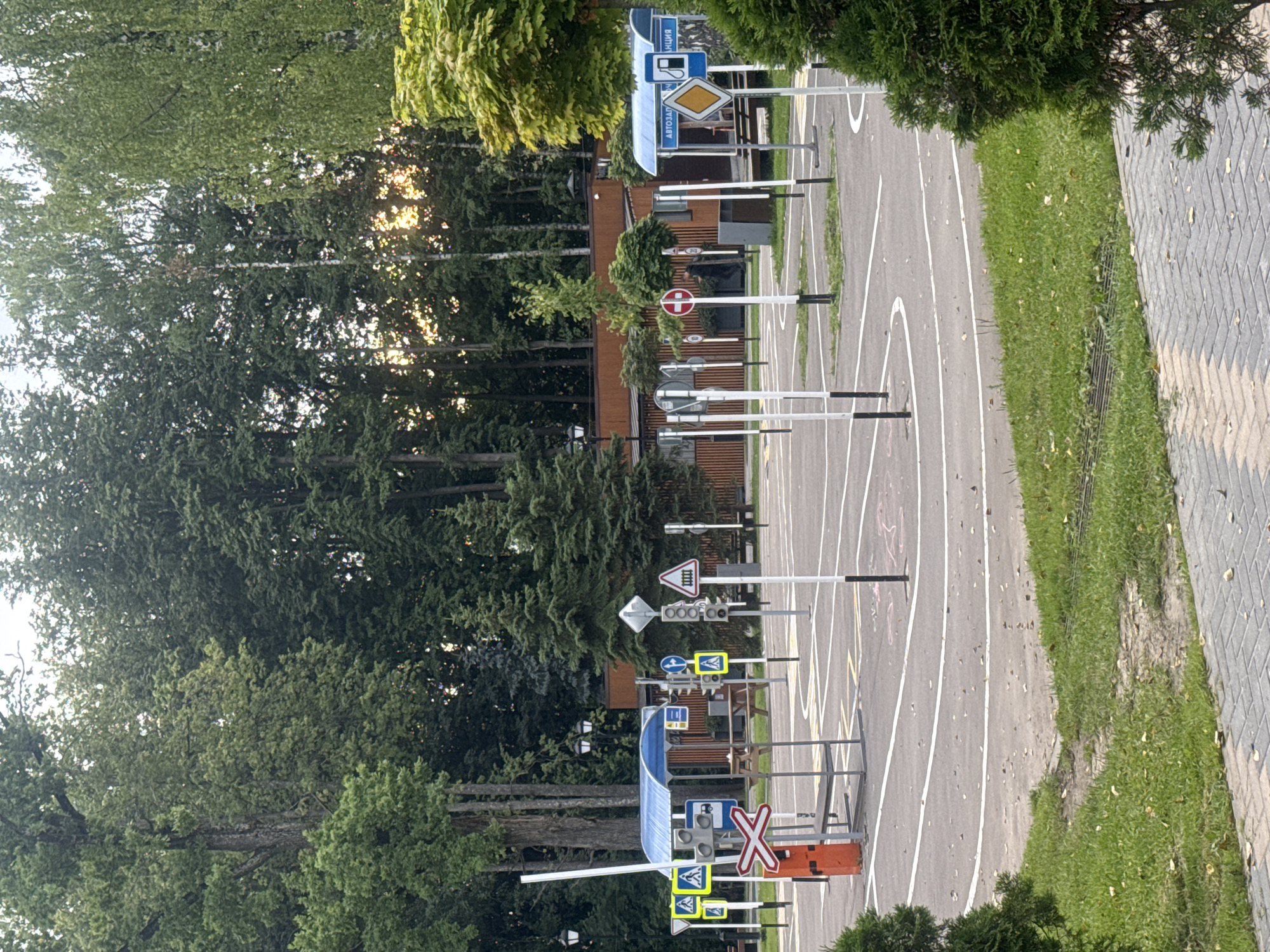 The image captures a driver training course located in the city of Dedovsk, Russia, likely on a paved lot surrounded by trees. The scene features a variety of traffic signs, including yield signs, stop signs, pedestrian crossing signs, and a railroad crossing sign. A small blue shelter with white posts is visible in the mid-ground, and further back, a building with a wooden facade stands behind a row of trees. Traffic lights are also present, along with traffic cones. White lines mark out driving lanes and parking spots on the asphalt surface. The environment appears to be a park or outdoor recreational area, given the lush greenery and mature trees that frame the scene. The sky is overcast, suggesting a cloudy day. There are no people actively engaged in training activities visible in this particular frame.