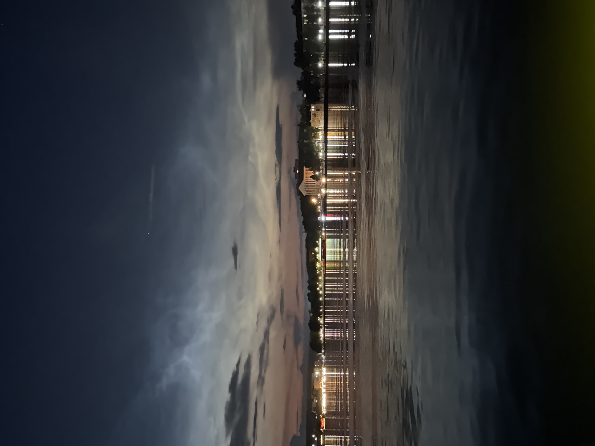 The image depicts a nighttime scene over the Votkinsk Reservoir in Votkinsk, Russia. The sky is a deep blue with hints of twilight orange and pink near the horizon, where clouds are illuminated by distant lights. The water surface is calm, reflecting the lights of buildings and structures along the shoreline. Numerous lights, some appearing as white vertical streaks, dot the distant cityscape, indicating a populated area. The overall atmosphere is serene and twilight.