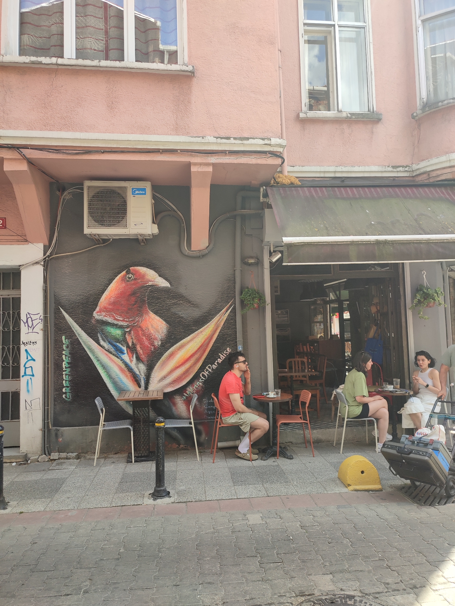 This image depicts a street scene in Kadıköy, Turkey, featuring a building with a pink facade and a mural on its lower wall. An air conditioning unit is mounted on the wall above the mural. The mural itself is a colorful depiction of a bird with vibrant plumage and stylized feathers. In front of the mural, several people are seated at small tables outside what appears to be a cafe or restaurant. One man in a red t-shirt and khaki shorts is seated at a table, smoking a cigarette. A woman in a green t-shirt and black shorts is seated at another table with a woman in a white dress. The cafe has an awning overhead and appears to be open to the street. The sidewalk is paved with cobblestones. A wheeled suitcase is visible on the right side of the frame. The scene suggests a casual, outdoor dining or lounging area.