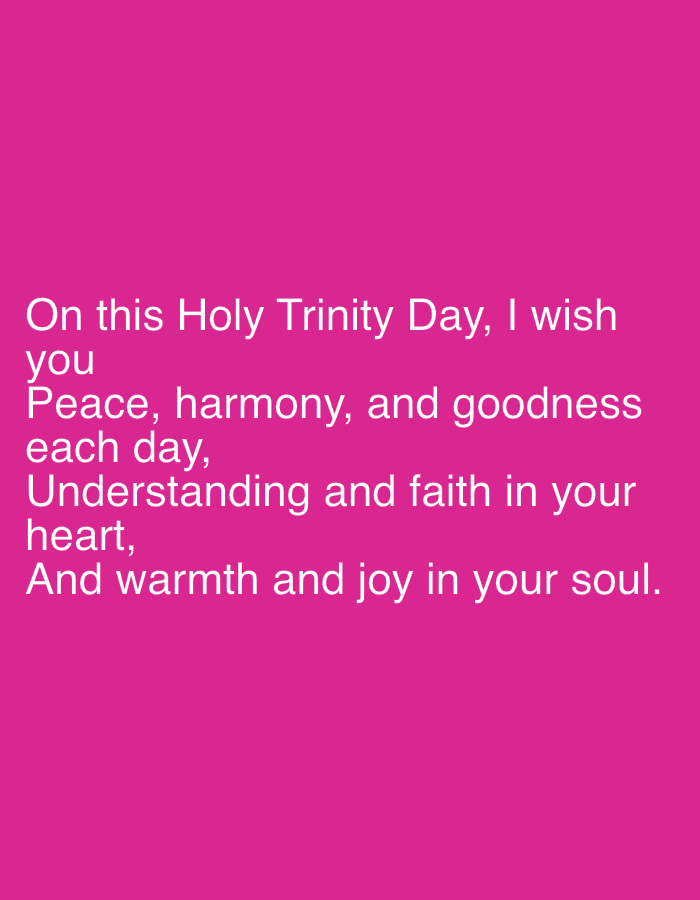 The image is a magenta background with white text. The text reads, "On this Holy Trinity Day, I wish you Peace, harmony, and goodness each day, Understanding and faith in your heart, And warmth and joy in your soul."