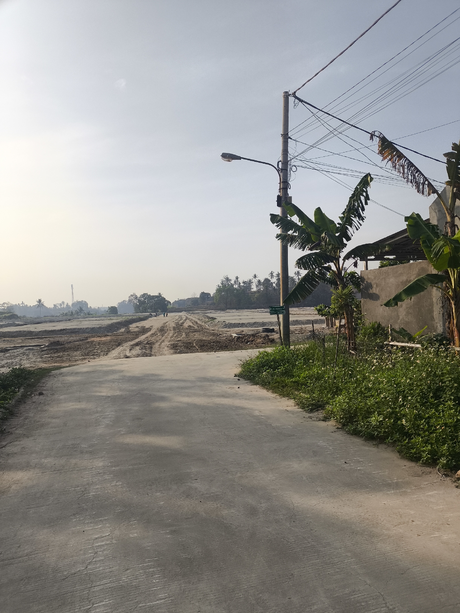 A paved road leads into a construction site under a hazy sky. The road is bordered by lush green foliage on the right and a vast expanse of dry, disturbed earth on the left. In the distance, several figures can be seen walking amidst the construction, and a tall tower pierces the horizon. A utility pole with numerous wires and a street lamp stands on the right side of the road, partially obscured by banana trees. A simple concrete building is visible behind the banana trees. The scene suggests ongoing development in a semi-urban or rural area, likely in the outskirts of Cilegon, Indonesia, given the tropical vegetation and the construction activity characteristic of developing regions. The overall atmosphere is one of a bright, clear day, despite the haze.