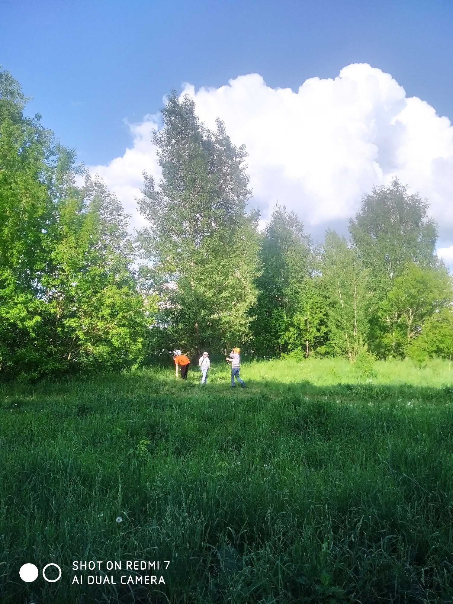 The image depicts a grassy field in Chaikovsky, Russia, with trees lining the background. Three people are visible in the middle ground. One person is bending over, while the other two are standing. One of the standing individuals appears to be holding a bow. The sky is partially cloudy.