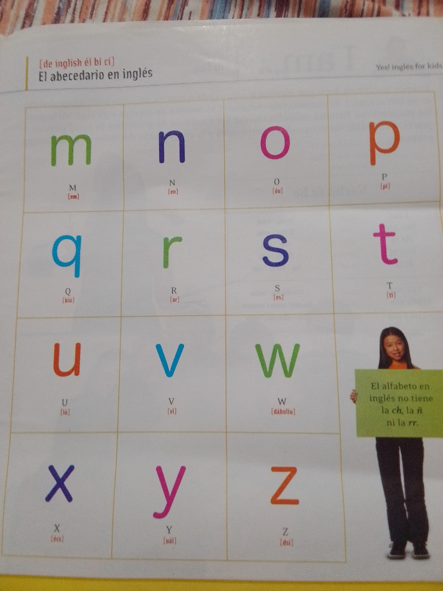 The image displays a page from a children's alphabet book, featuring English letters with their Spanish phonetic pronunciations. The alphabet is presented in a grid format, with each cell containing a lowercase letter, followed by its uppercase counterpart and phonetic spelling in brackets. Some letters are colored: 'm' is green, 'n' is purple, 'o' is pink, 'p' is orange, 'q' is blue, 'r' is green, 's' is blue, 't' is pink, 'u' is orange, 'v' is blue, 'w' is green, 'x' is purple, 'y' is pink, and 'z' is orange. To the right of the alphabet grid, a young girl is holding a green sign that reads, in Spanish, "El alfabeto en inglés no tiene la ch, la ñ ni la rr." This translates to "The English alphabet does not have ch, ñ, or rr." The background of the image shows a striped pattern, possibly from a tablecloth or book cover. There is no indication of the city of La Tagua, Venezuela, or any other specific geographical location within the image.