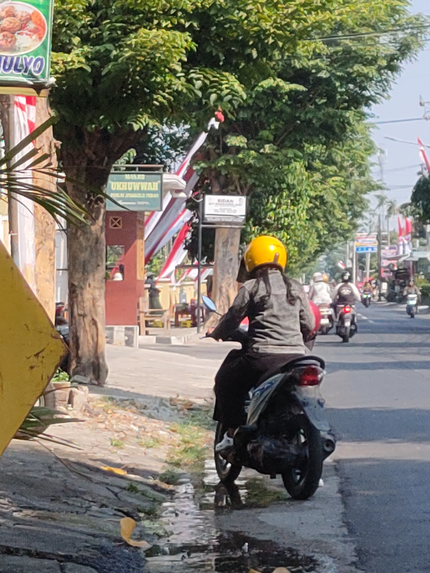 The image depicts a street scene in Ngasem, Indonesia, on a sunny day with clear skies. The focus is on a person riding a motorcycle from behind, wearing a grey jacket and a bright yellow helmet. The motorcycle, a dark-colored scooter, is in motion on a paved road, with the rider's legs obscured by black pants. The surrounding environment includes lush green trees lining the street, some with red and white Indonesian flags draped from branches. To the left of the frame, a sign with the text "ULYO" is partially visible. Further down the street, other motorcycles and riders are seen, some of them approaching from the distance. A building with a green sign displaying "MASJID UKHUWWAH" and smaller text below is also visible. The sidewalk area in the foreground appears wet and somewhat cluttered with debris.