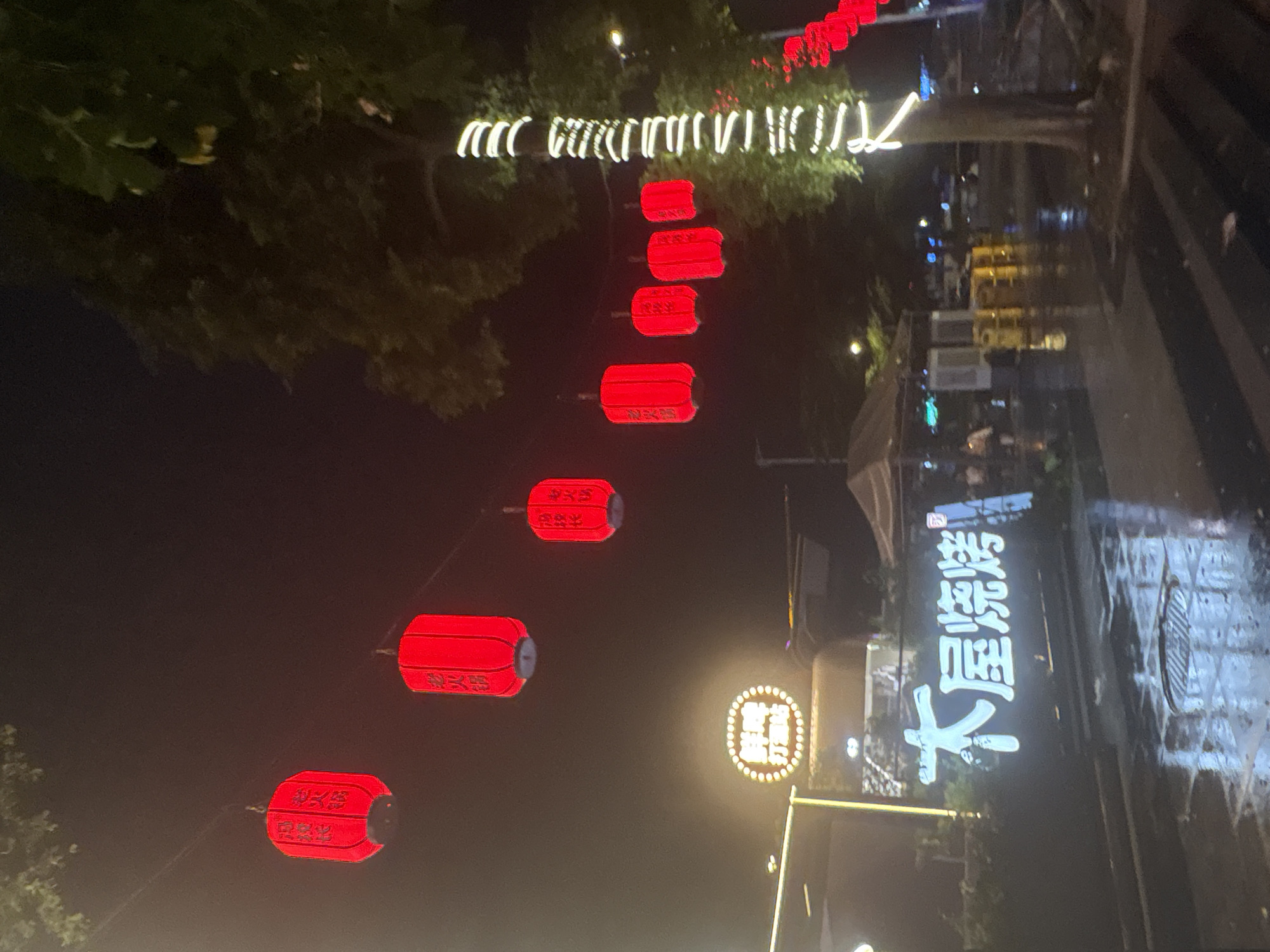 This media file captures a nighttime scene in Haizhu District, China, likely on a street or in a public area decorated for a festive occasion. Red lanterns are strung across the scene, creating a warm and inviting ambiance. Some lanterns are further adorned with Chinese characters.
In the foreground, a row of red lanterns hangs, illuminated against the dark sky. The lanterns are cylindrical with a slight bulge in the middle and appear to have text inscribed on them, though the characters are not entirely clear in all instances.
Further into the scene, a longer string of white lights zigzags across the frame, possibly outlining trees or architectural features. These lights are a stark contrast to the warm red of the lanterns.
To the right, a prominent sign displays white Chinese characters against a dark background. The characters are vertically oriented and appear to be part of a business or establishment name. The reflections on the wet ground suggest that it may have recently rained or that the area is prone to moisture.
The overall mood is festive and perhaps a little mysterious due to the low light conditions and the reflections. The presence of lanterns and decorative lights suggests a celebration or a lively evening gathering. The location cues, combined with the Chinese text, confirm the setting in China. The scene is illuminated by artificial lights, indicating that it is nighttime.