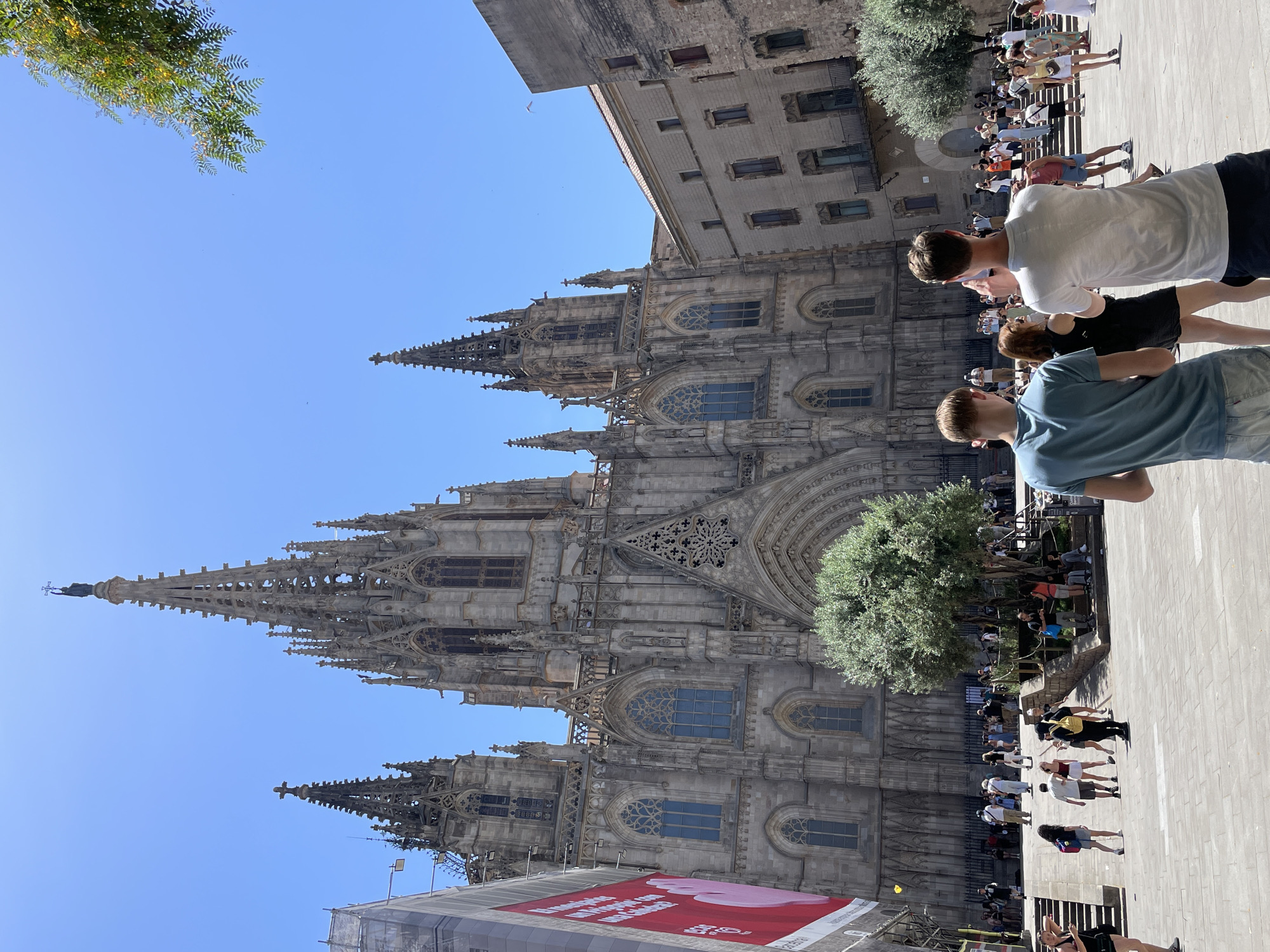 The image depicts a bright, sunny day in Barcelona, Spain, likely in the Gothic Quarter. The focal point is the imposing Gothic architecture of the Barcelona Cathedral, with its intricate spires, flying buttresses, and large rose window visible. In the foreground, a paved plaza is populated with tourists. Two young men, one in a blue t-shirt and the other in a white t-shirt, are facing away from the camera, with the man in the white t-shirt appearing to take a photograph. Other individuals are scattered throughout the plaza, some walking, some standing, and some seated on steps. A large green tree is positioned to the left of the cathedral entrance, and a red banner with text is visible on a building to the far left. The sky is clear and blue, indicating good weather. The scene captures a typical tourist experience at a significant historical landmark.