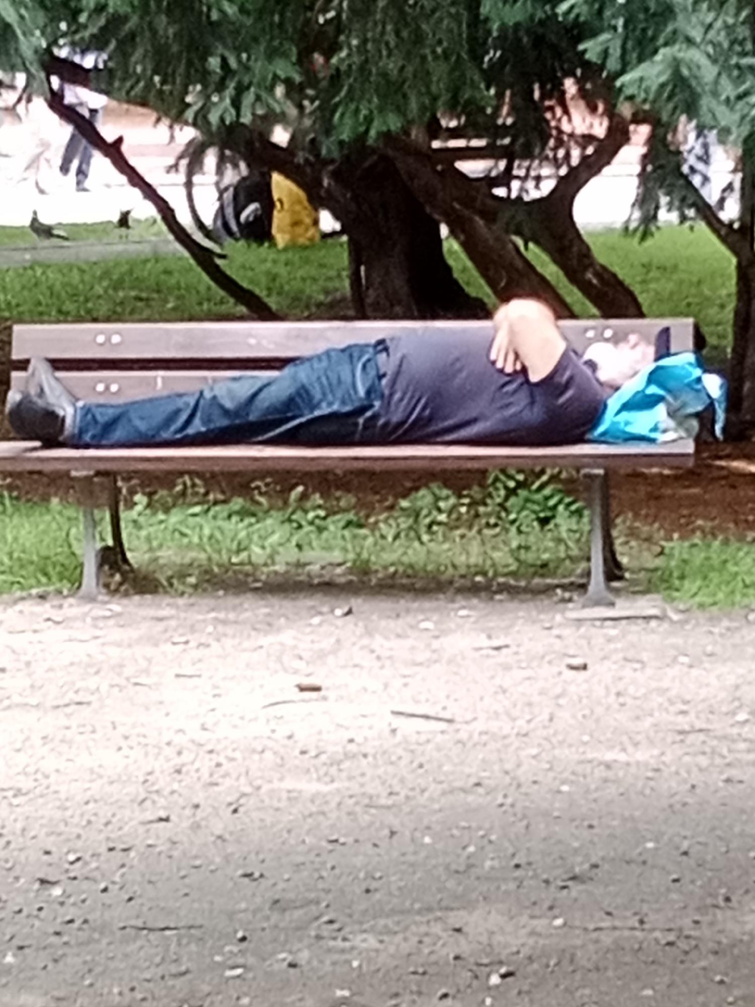 A person is lying on their back on a park bench. They are wearing blue jeans and a dark t-shirt. Their head is resting on a bright blue object, possibly a bag or pillow. Their arms are crossed over their chest. The bench is wooden with metal legs and is situated on a gravel path. In the background, there are trees and green grass. There are also two birds visible on the grass in the distance, and a yellow bag and a black backpack are near the base of a tree. The scene appears to be in a park setting.