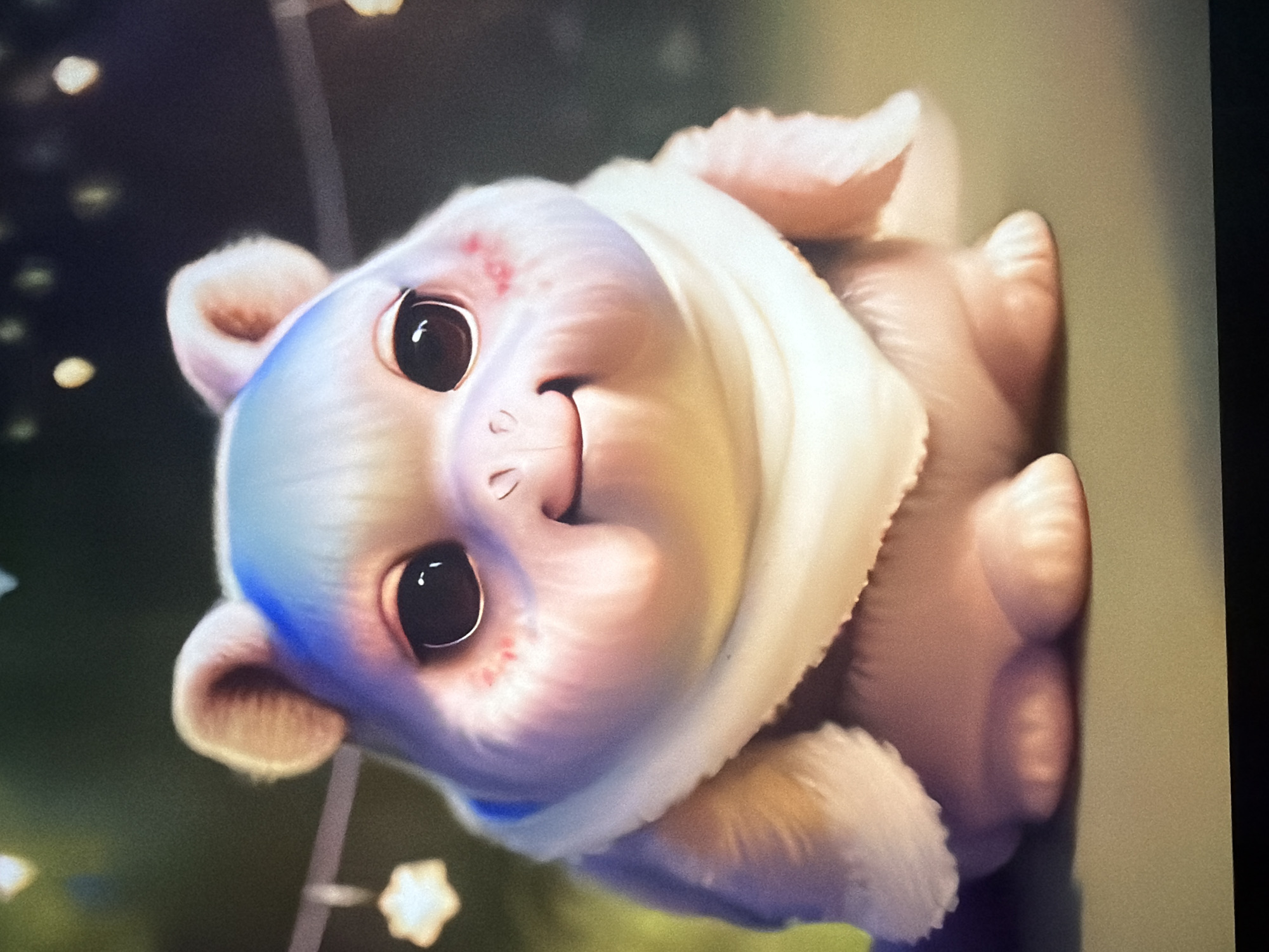 The image shows a close-up, digitally rendered illustration of a small, plump, mythical creature resembling a hippopotamus. The creature has soft, pastel-colored fur with shades of pink, purple, and blue. It has large, dark, expressive eyes, rosy cheeks with speckles, and a small, upturned mouth, giving it a gentle and innocent appearance. It is wearing a white scarf around its neck, and its short, stubby limbs are visible. The background is softly blurred, featuring greenery and what appear to be illuminated, star-shaped lights hanging from above, suggesting a festive or magical atmosphere. The scene is presented in a portrait orientation. There is no discernible connection to Kyiv, Ukraine, or any specific urban environment.