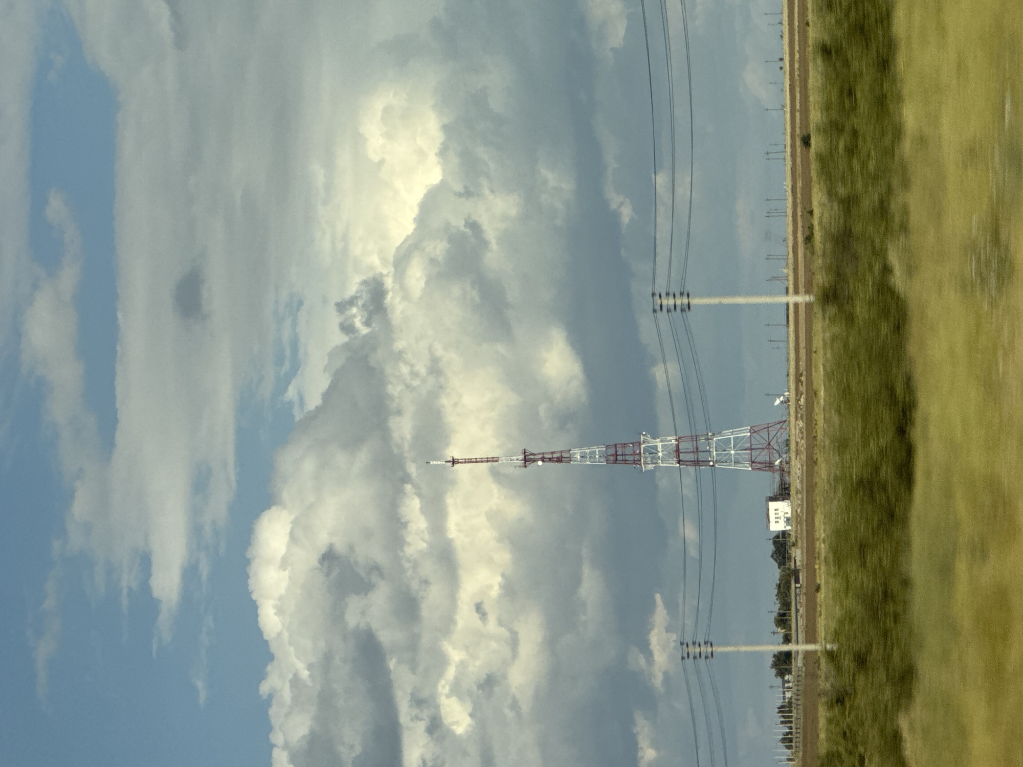 This is a vertically oriented image of a broadcast tower, a grassy field, and a cloudy sky. The broadcast tower is red and white and appears to be a lattice structure. Power lines extend from the left side of the image towards the tower. The field on the right is a uniform green, possibly a cultivated crop or pasture. The sky is filled with a mix of white and gray clouds, suggesting overcast or partly cloudy weather. The lighting indicates it is daytime, possibly late afternoon or early evening based on the soft light. There are no people visible in the image. The scene appears to be rural, with the tower and power lines suggesting an industrial or communication facility. A small white building is visible near the base of the tower. The image does not contain any visible text. The context provided places the scene in Дорожный, Russia.