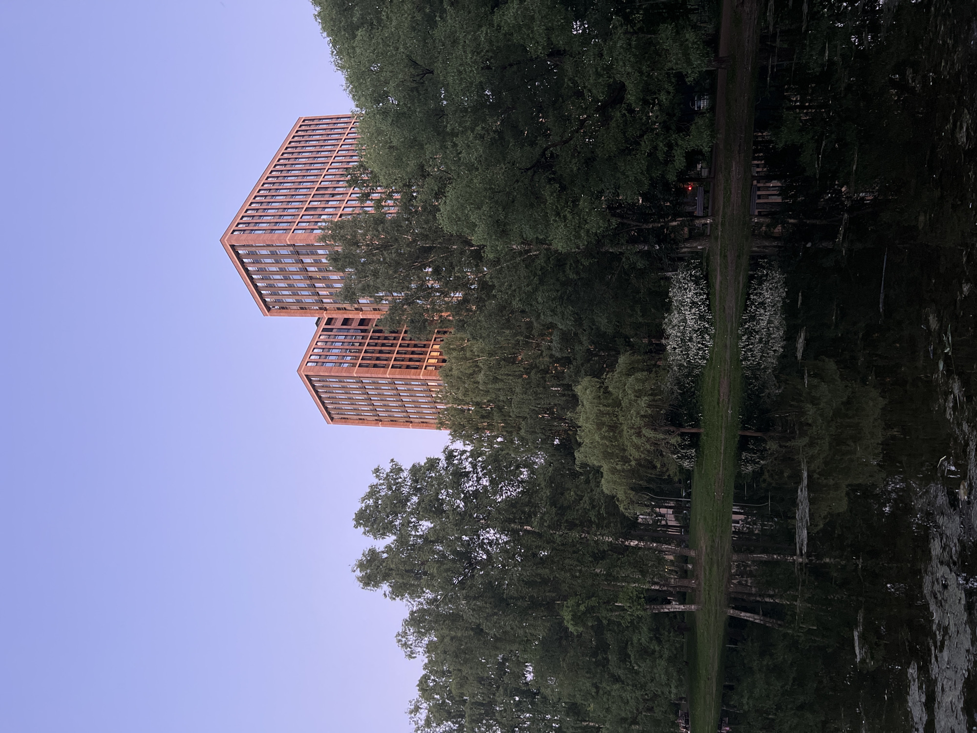 The image captures a park scene at dusk in the city of Unknown, Russia. In the lower half, a dark, reflective body of water, consistent with a pond or small lake, displays patches of aquatic vegetation, including lily pads, on its surface. The water reflects the twilight sky, surrounding trees, and background structures. On the far bank, a dense line of deciduous trees, prominently featuring several tall birches with light-colored bark, partially obscures the lower sections of two modern, multi-story buildings. These buildings possess reddish-brown or terracotta-paneled facades with numerous vertically aligned windows, which are illuminated by the warm, low-angle light of the setting sun. Behind the tree line, a grassy bank is visible, containing several park benches. Faint human figures are discernible, seated on at least two of these benches. A distinct bright red artificial light source is present near a bench on the right side of the far bank. The sky above is clear, exhibiting a gradient of light purple, characteristic of twilight.
