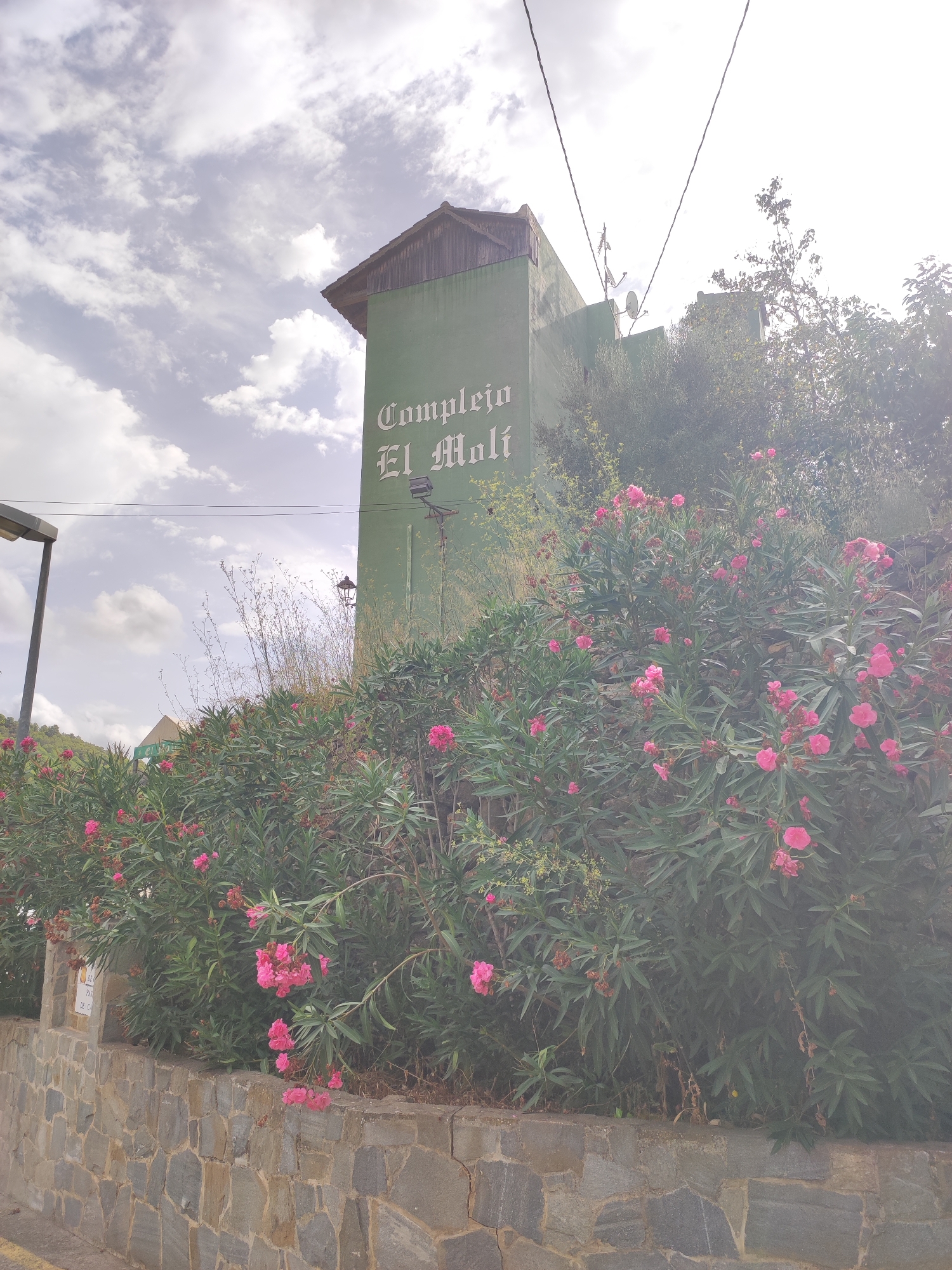 The image shows a building with green walls and the text "Complejo El Molí" written in white, ornate lettering. The building has a sloped, dark roof and is partially obscured by lush green foliage with pink flowers. A stone wall runs along the bottom of the image, with a yellow line visible on the ground in the lower left corner. The sky is cloudy with patches of sunlight. In the background, there are trees and what appear to be satellite dishes on the building. The overall scene suggests a rural or semi-rural setting, possibly a hotel or complex. The presence of the text "Complejo El Molí" indicates the location is likely in Sueras, Spain, as "El Molí" is a common placename element in Catalan-speaking regions, and the Spanish phrasing suggests a specific establishment.