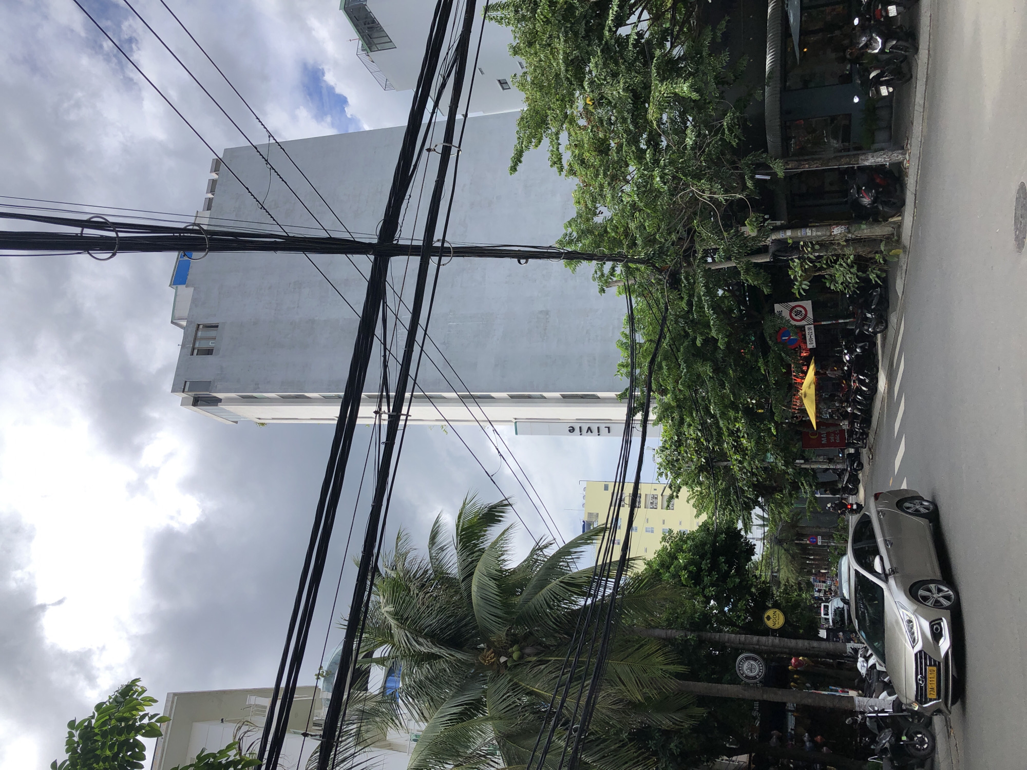 The image depicts a street scene in Da Nang, Vietnam, on a cloudy day. A silver Hyundai Accent is parked on the right side of the road, facing left. The car has the license plate "73A-111.10". Behind the car, a line of motorcycles is parked along the sidewalk. On the left side of the image, a palm tree with coconuts is visible, also with motorcycles parked nearby.
In the background, several buildings dominate the skyline. A tall, white building with a blue rooftop is prominent, with the word "Livie" vertically printed on its side. Another yellow building is visible behind it. Overhead, a complex network of electrical wires crisscrosses the frame, obscuring parts of the sky and buildings. Lush green trees line the street, with some foliage extending over the sidewalk. A yellow umbrella is set up near a building on the right, and a street sign with a red circle and slash is also visible. The overall impression is of a busy urban environment with a tropical influence.