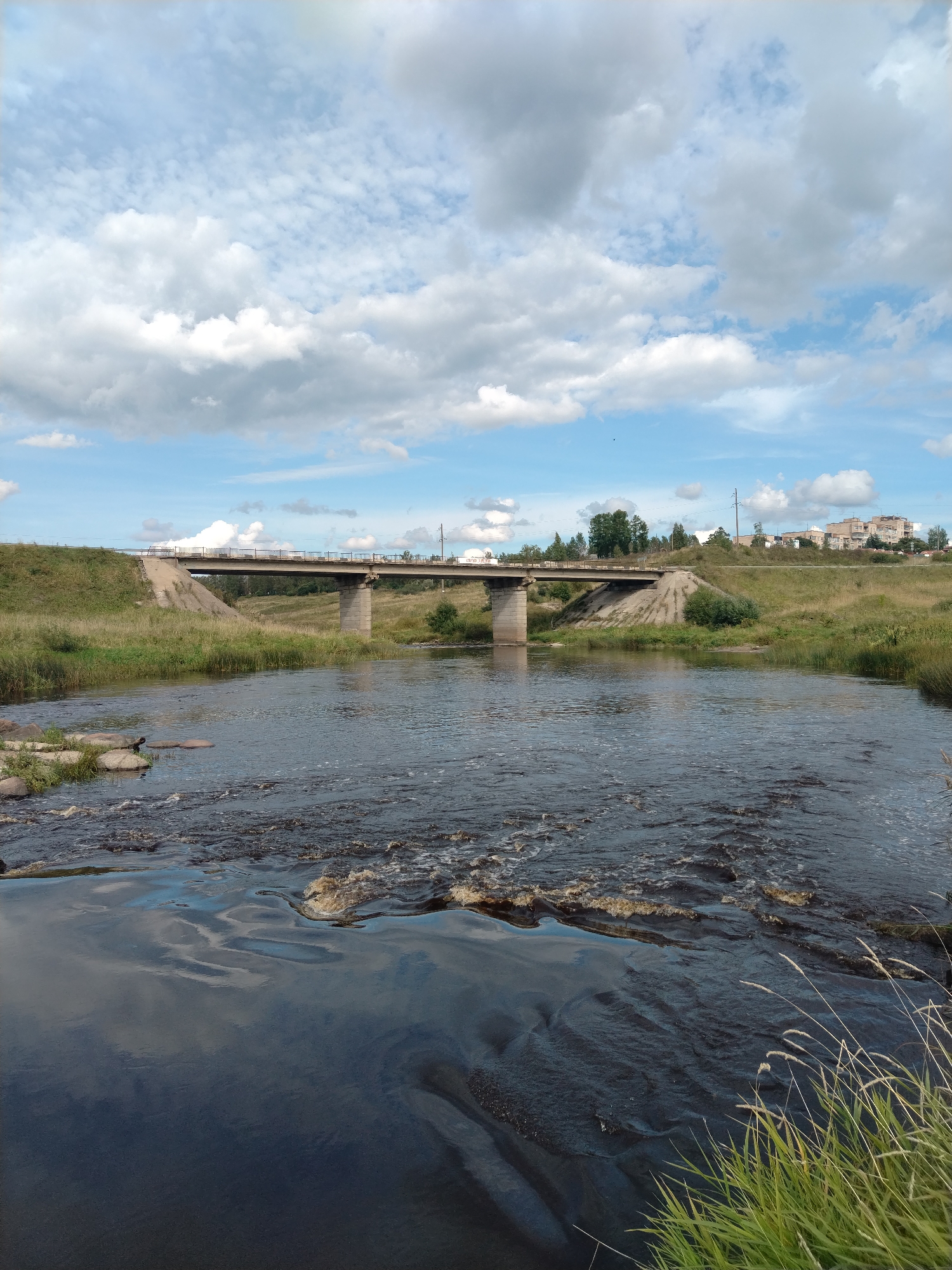 This image depicts a wide, dark river flowing in the foreground, with ripples and some turbulence indicating shallow areas or a slight cascade. The riverbanks are lined with green grass, and several rocks are visible in the water near the left bank. A concrete bridge with railings spans the river in the midground. The bridge is supported by concrete pillars and connects to grassy embankments on either side. Beyond the bridge, a gentle slope covered in green grass leads up to a distant tree line and a cluster of multi-story buildings. The sky above is blue with scattered white and gray clouds. The scene is set in an outdoor environment, likely during the daytime, under a partly cloudy sky. The location is identified as Nikolskoye, Russia.