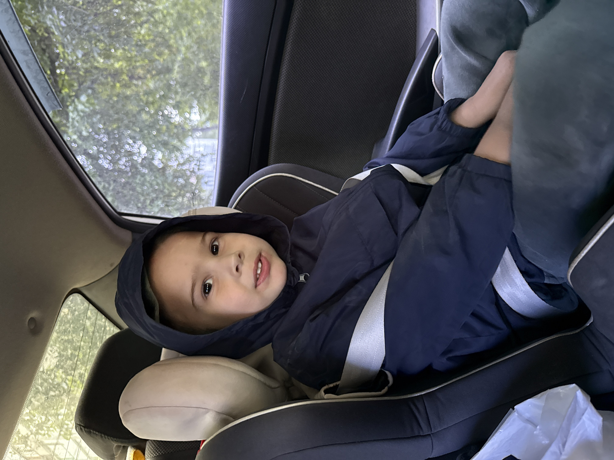 A young child wearing a dark blue hooded jacket is secured in a car seat with a white safety belt. The child is looking towards the camera with a slight smile. The scene appears to be inside a car, with a window showing blurred greenery outside. The location and city of Chaikovsky, Russia, cannot be determined from the visual information in the image.