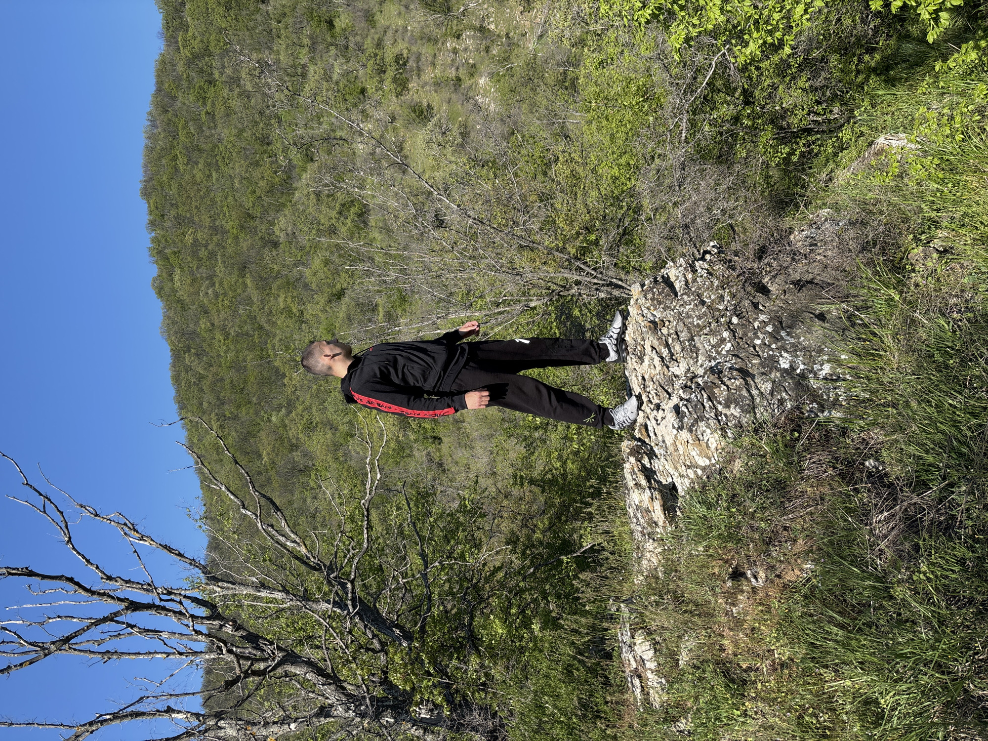 A man in a black tracksuit stands on a rocky outcrop overlooking a densely wooded hillside in Goritsa, Bulgaria. The sky is clear blue. The vegetation is predominantly green with some bare trees and dry grass. The man is wearing gray sneakers, and the tracksuit has a red stripe along the side. The man is looking away from the camera and towards the hillside.