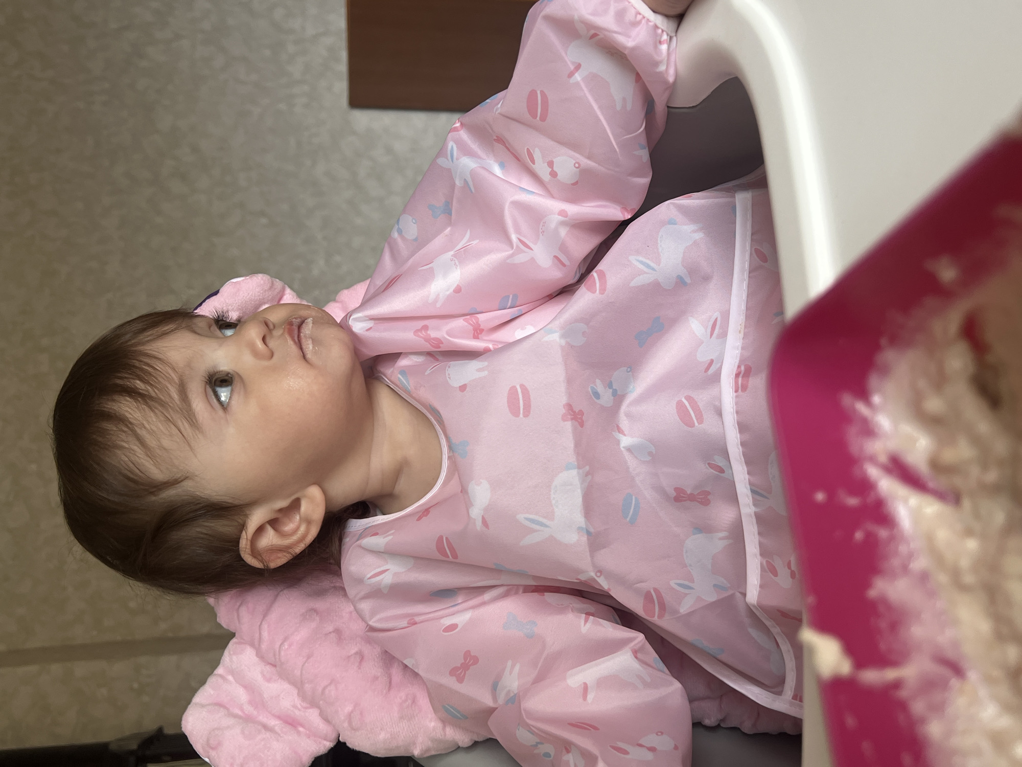 The image, taken in Elena, Bulgaria, shows a baby or toddler in a high chair, likely during a mealtime. The baby is wearing a long-sleeved pink bib with a repeating pattern of white bunnies, blue bows, and pink macaron-shaped elements. A soft pink plush blanket or cushion is visible underneath the baby.
The baby has dark brown hair and expressive dark eyes, looking upwards and slightly to the left with a neutral or contemplative expression. Traces of light-colored food are visible around their mouth, suggesting they are eating or have just finished. To the right of the frame, a bright pink bowl containing a light-colored, mushy food, possibly oatmeal or mashed food, is partially visible and slightly out of focus.
The setting is indoors, with a plain, light-colored wall forming the background. The white structure of the high chair is prominent. No specific time of day or weather conditions are discernible from the indoor scene. There is no visible text in the image.