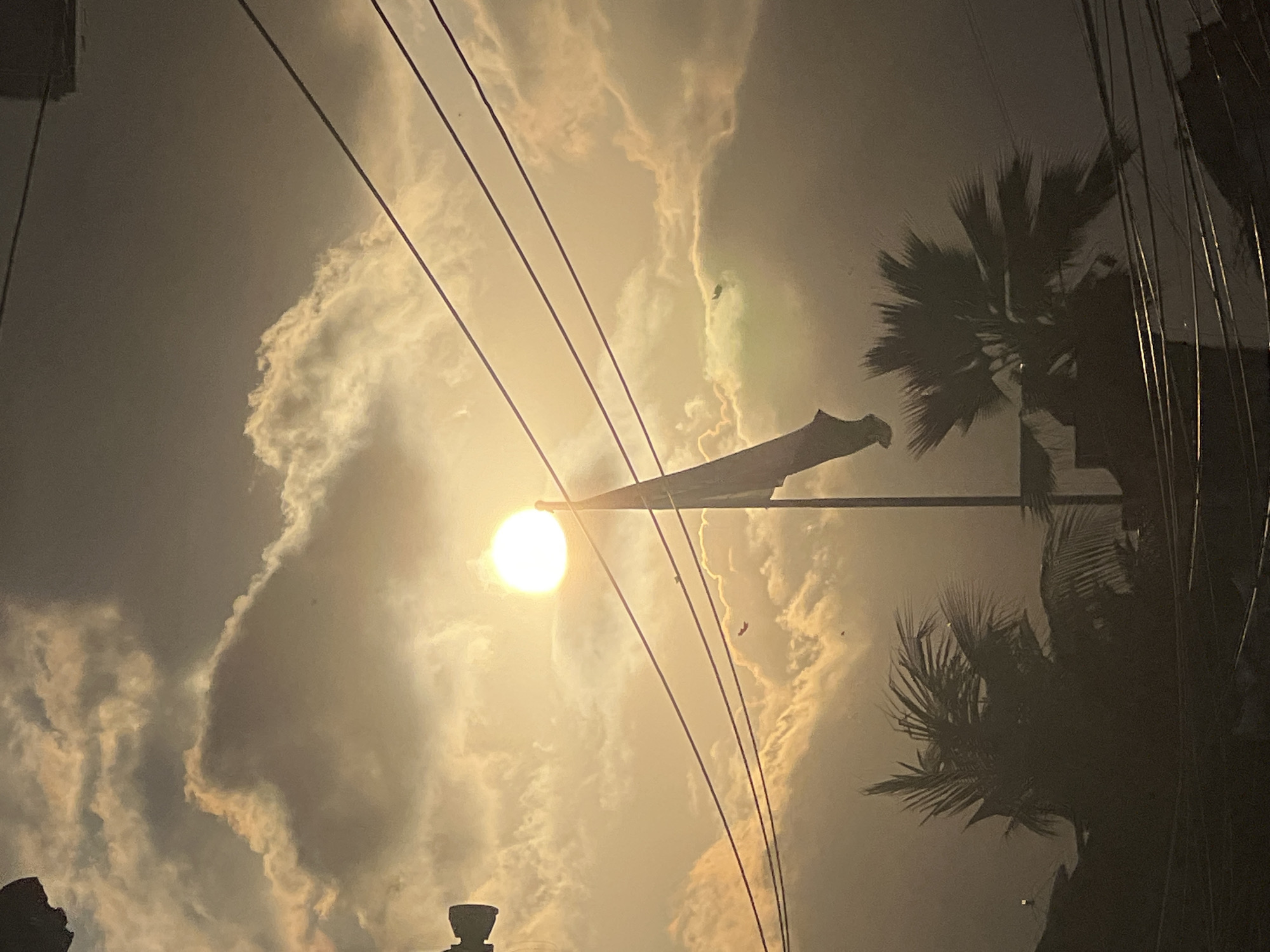 The image depicts a dramatic sunset over Denpasar, Indonesia, characterized by a bright, diffused sun partially obscured by dramatic, golden-hued clouds. In the foreground, several power lines stretch horizontally across the frame, creating a stark contrast with the natural elements. A flagpole with a flag, partially visible and silhouetted against the sun, stands prominently. To the left, a silhouetted object, possibly a loudspeaker or siren, is mounted. In the lower portion of the image, the dark silhouettes of palm trees and what appear to be rooftops suggest an urban setting. Several small, dark specks in the sky could be birds or insects. The overall lighting is low-key, with the sun casting a warm, atmospheric glow.