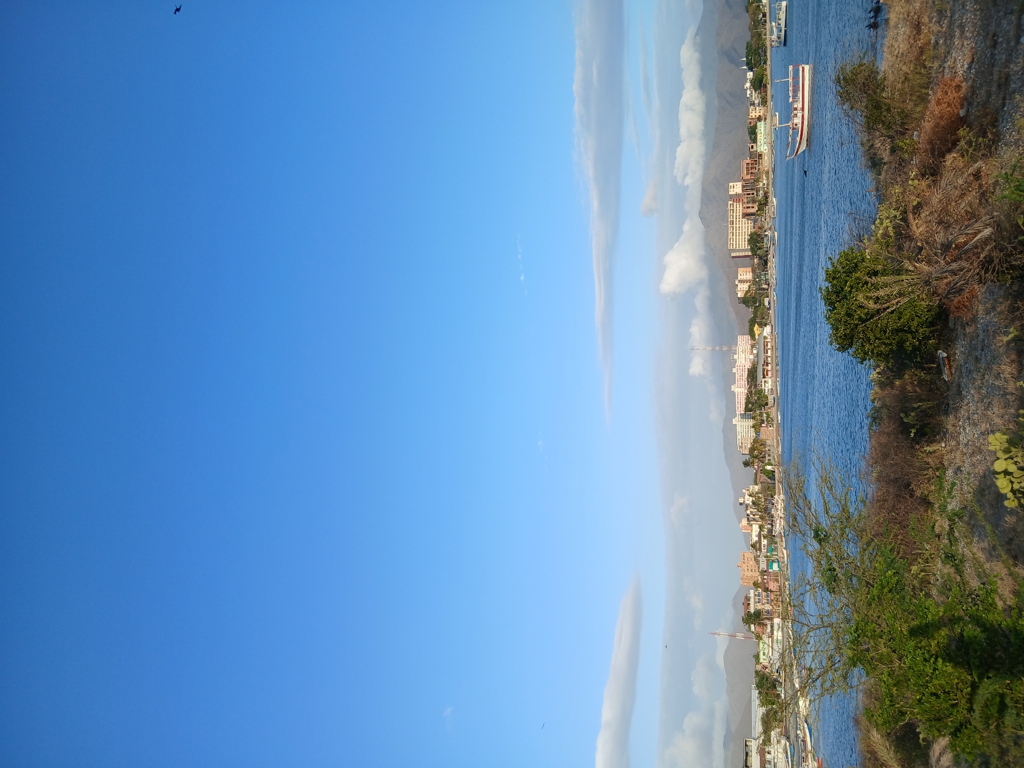 This image depicts a view of Juan Griego, Venezuela. The scene includes the bay with boats, waterfront buildings, a hillside with vegetation, and a blue sky with streaks of clouds. There is a ship visible in the bay. The cityscape appears to be along the waterfront, with buildings of varying heights and colors. The hillside is vegetated with trees, shrubs, and cacti.