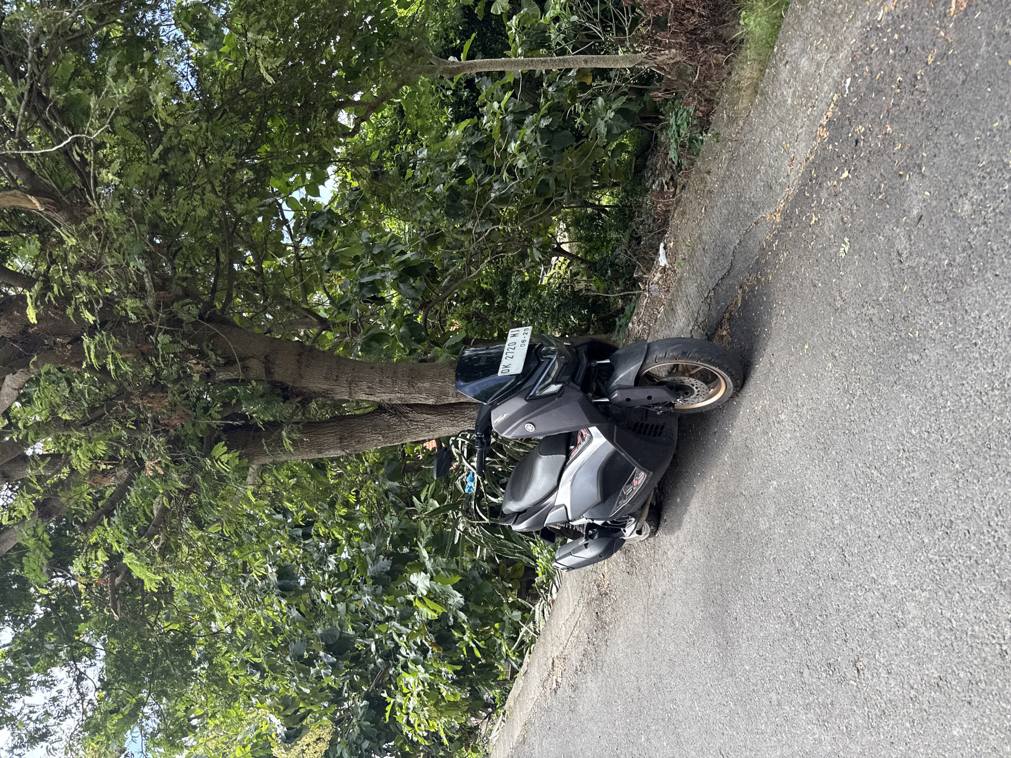 A black Yamaha motorcycle is parked on the side of a paved road in Pejukutan, Indonesia. The license plate reads "DK 2720 NI". The motorcycle is situated next to a lush green tree and vegetation. The road shows signs of wear and cracking. The photo is taken in daylight. No people are visible in the image.