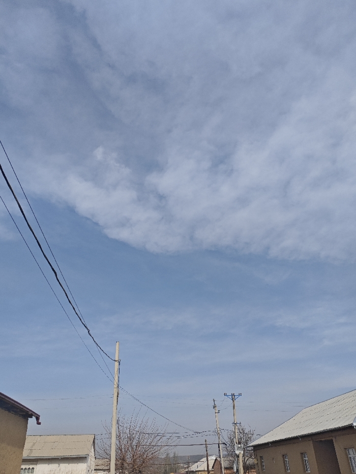 The scene depicts a street view in Abdukarim, Uzbekistan, under a partly cloudy blue sky. The upper two-thirds of the frame are dominated by a pale blue sky with scattered white stratocumulus clouds. In the midground, a light-colored utility pole stands centrally, from which multiple dark electrical wires extend horizontally and diagonally across the lower half of the frame. A deciduous tree with bare branches is positioned behind this central pole. To the immediate left, a portion of an earth-toned building with a dark roof gutter is visible. To the right, another building with a light-colored pitched roof and multiple rectangular windows along a tan facade is present. In the distant background, a row of additional residential structures and utility poles are faintly discernible through a slight atmospheric haze. No individuals are present, and no overt actions or interactions are depicted.