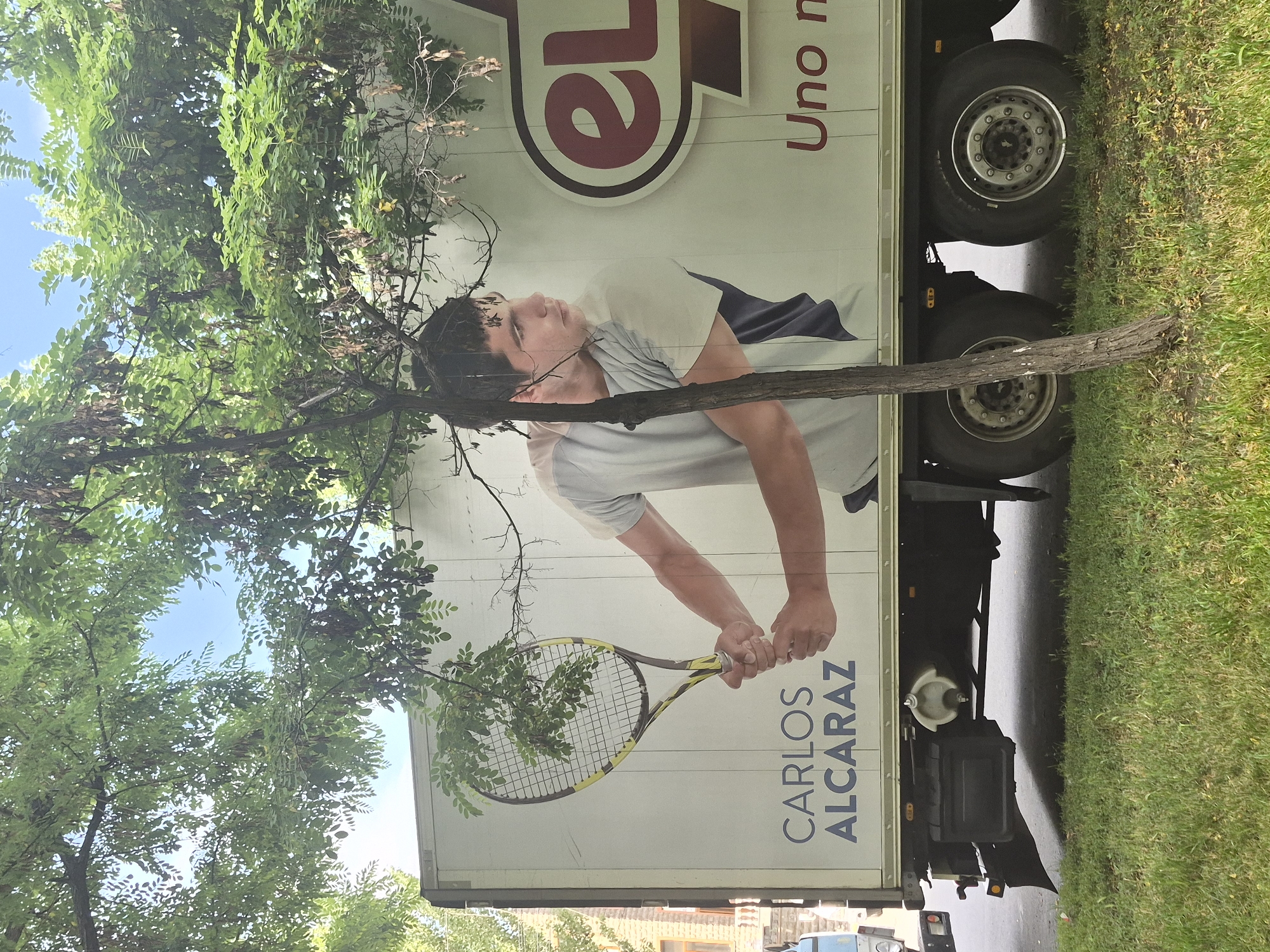 A side view of a truck is captured, featuring a large advertisement on its trailer. The advertisement displays a portrait of a young male tennis player, Carlos Alcaraz, holding a tennis racket. To the right of Alcaraz's image, a logo with the letters "el" in a red oval is visible, followed by the text "Uno n". The truck itself is white and appears to be parked on the side of a street. The lower portion of the truck shows its wheels and undercarriage, including a small, beige-colored urinal attached to the chassis. Green grass covers the foreground, and trees with green foliage and some seed pods overhang the scene, partially obscuring the advertisement and the truck. In the background, a building with a light-colored facade and balconies can be seen. The sky is blue with some scattered clouds. The image was taken in Yerevan, Armenia.