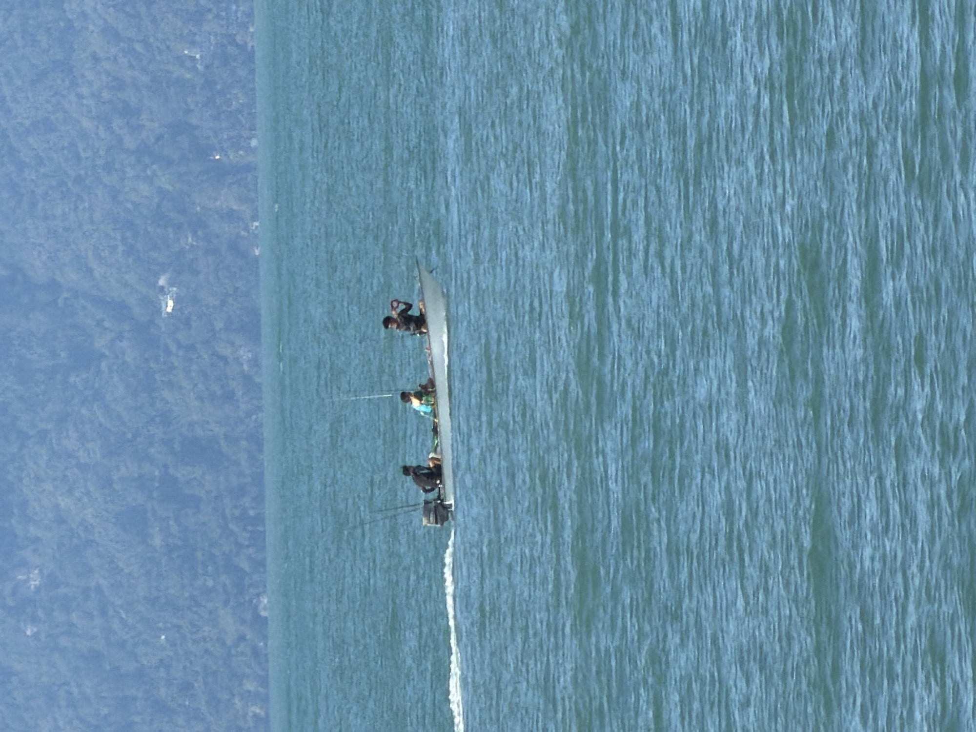 Four individuals are in a small motorboat on the ocean. The boat is white with a dark outboard motor. Two people are visible in the front of the boat, and two people are in the back. One person in the back is holding a fishing rod. The boat is moving, leaving a wake. The ocean is a vibrant blue-green with moderate waves. In the background, a densely forested, mountainous landscape is visible, with a hazy, blueish hue. The image appears to be taken during the daytime, with bright, natural lighting.