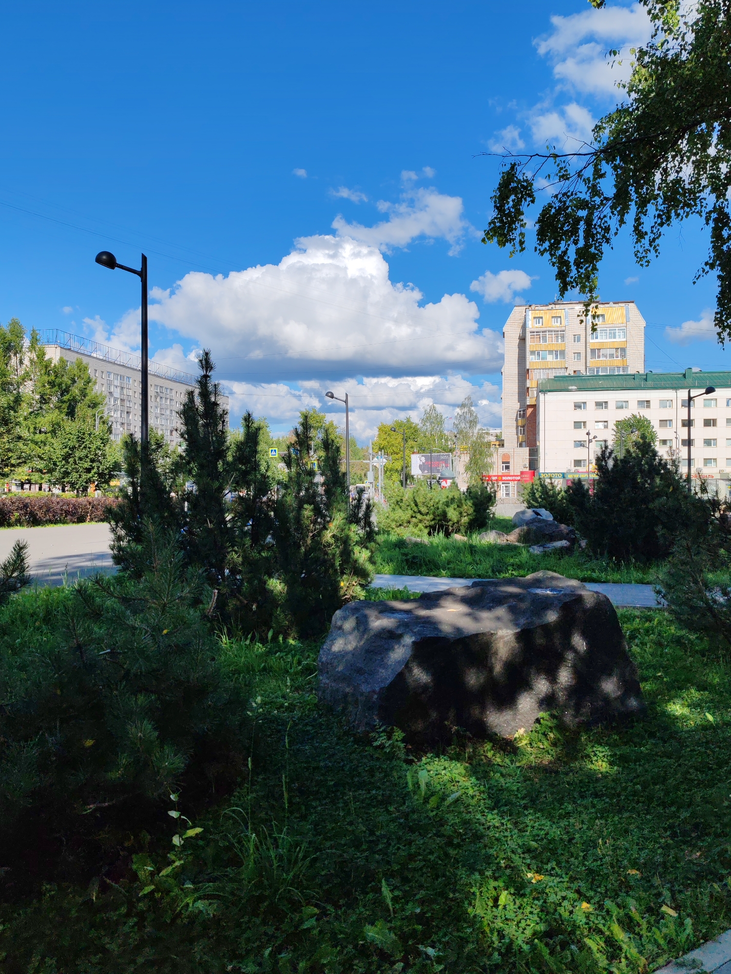 The image depicts a street scene in Syktyvkar, Russia, characterized by a bright, sunny day with a clear blue sky dotted with fluffy white clouds. In the foreground, a large, dark, rough-textured boulder sits prominently on a bed of vibrant green grass and low-lying plants, with dappled sunlight filtering through nearby foliage. Behind the boulder, several young coniferous trees are visible, their dark green needles providing a contrast to the surrounding greenery. A paved walkway runs behind these trees.
Further back, a street is visible with parked cars. Along the street, a dense row of dark red bushes forms a border. Beyond the bushes and trees, a multi-story apartment building with a light grey facade and numerous windows stands tall, its top section colored in yellow. To the right of this building, another, slightly shorter apartment building with a green roof and a beige facade is visible, also featuring many windows and a lamppost in front of it. A lone lamppost with a curved arm and a rounded lamp is also visible in the upper left portion of the image, against the bright sky. In the distance, more trees and buildings suggest an urban environment. The overall impression is one of a well-maintained public space with a mix of natural elements and urban architecture.