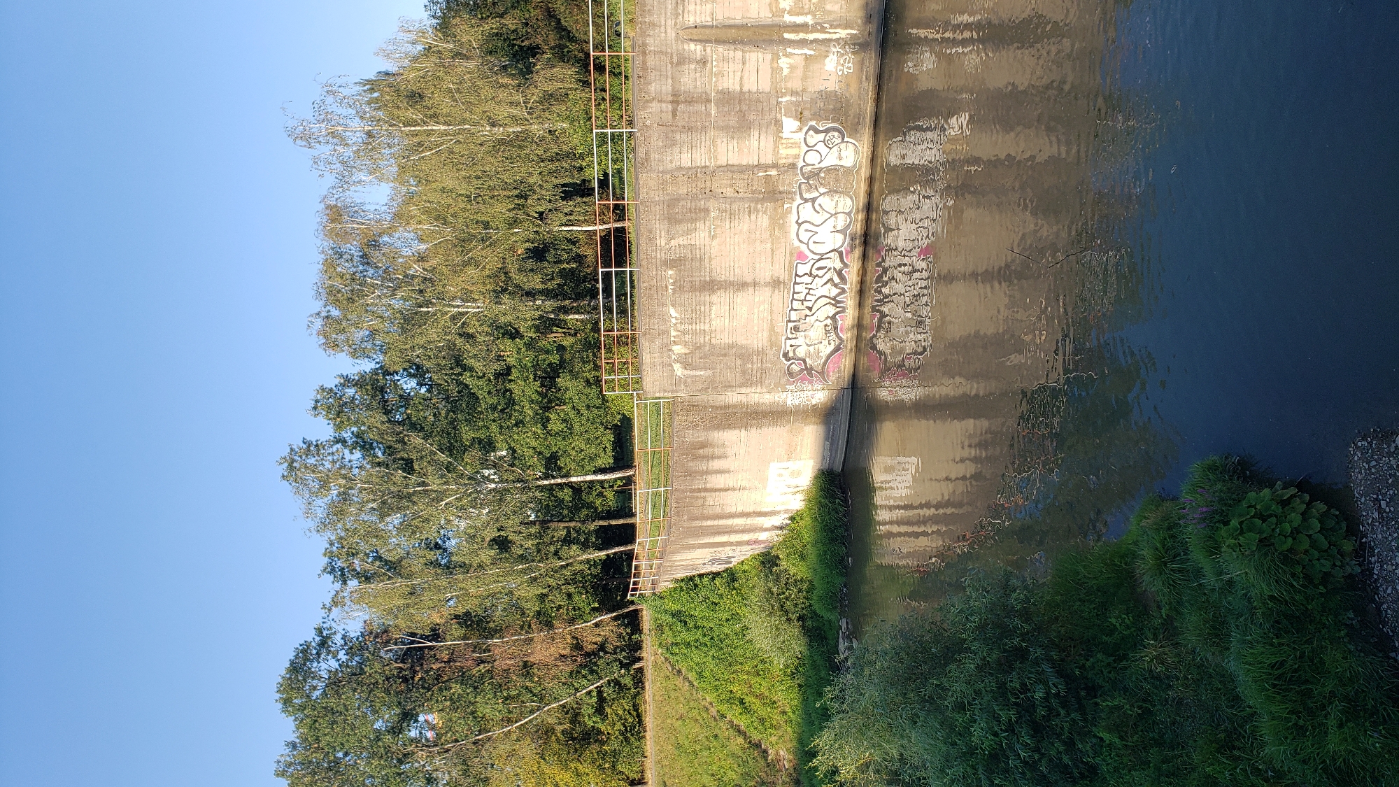 The image shows a concrete embankment along a body of water, likely a river or canal, in Prešov, Slovakia. The embankment is covered in graffiti. A metal railing runs along the top of the embankment. Lush green vegetation grows on the slope leading up to the embankment. Trees line the top of the embankment, their leaves reflecting in the water. The sky is clear and blue. The scene appears to be a public park or recreational area.