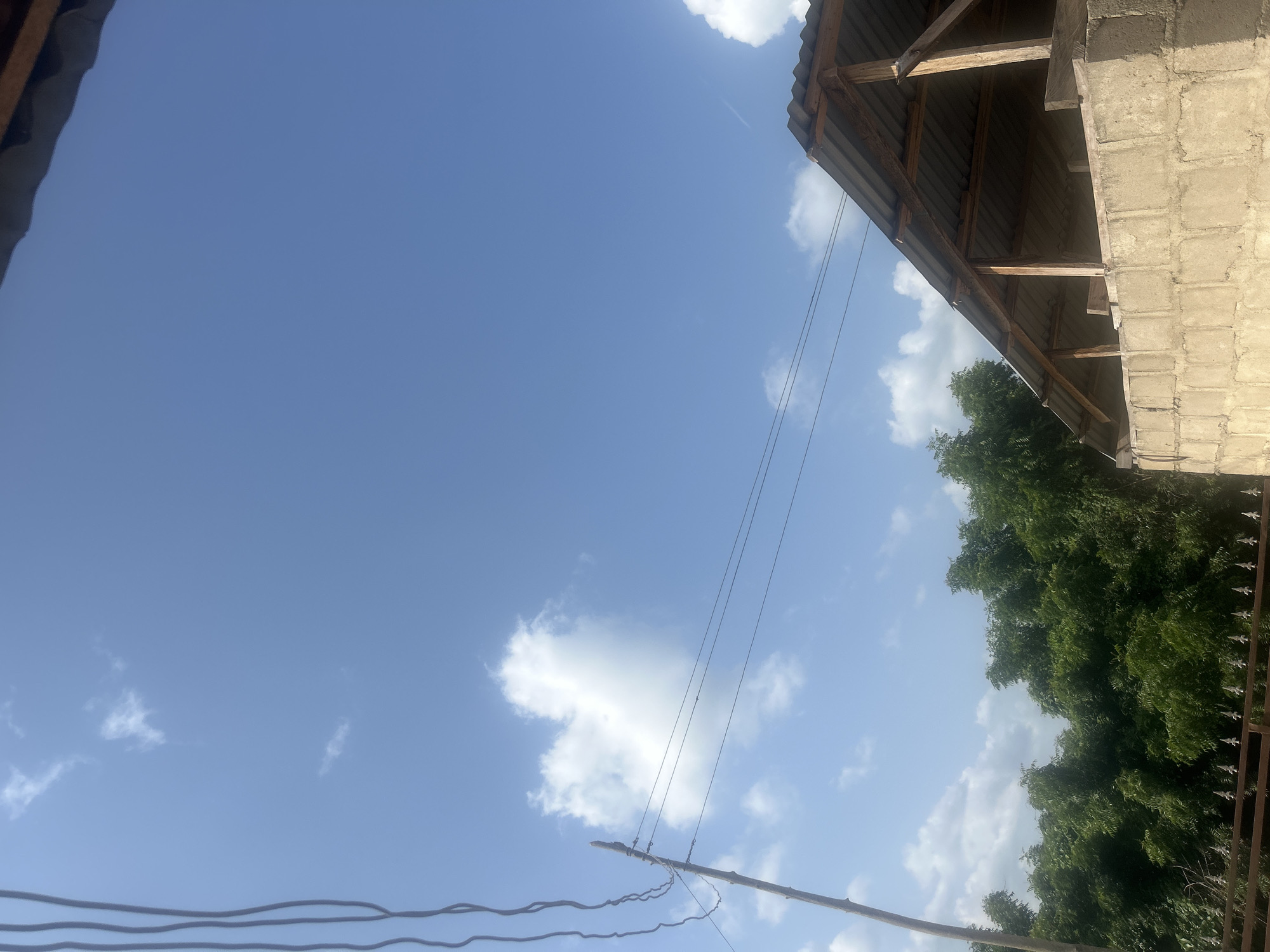 The image depicts an outdoor scene, possibly in Ogbomosho, Nigeria, under a bright blue sky with scattered white clouds. In the foreground, a rough, unfinished concrete block structure with a corrugated metal roof is visible. Wooden beams support the roof, suggesting ongoing construction. To the left, a wooden utility pole with suspended wires stands tall, partially obscured by dark, hanging cables on the far left edge of the frame. A dense line of lush green trees forms a backdrop behind the pole and structure. A dark metal fence runs along the bottom of the image, in front of the trees. The scene appears to be a residential or construction area.