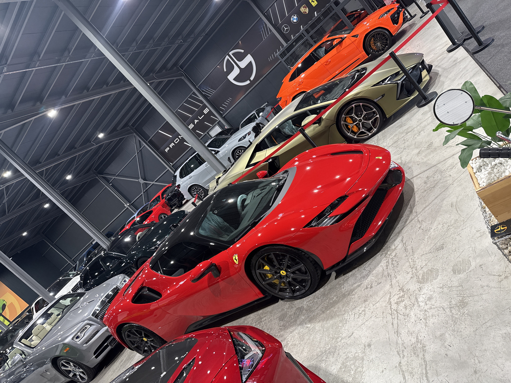 This image depicts an indoor luxury car showroom in Plovdiv, Bulgaria, showcasing a collection of high-end vehicles. The perspective is a slightly elevated, diagonal shot, capturing several cars arranged in rows.
In the foreground left, the front section of a red car, possibly a Lexus LC or Ferrari, with a distinctive headlight design, is partially visible. Immediately to its right is a red Ferrari, identifiable by the yellow Prancing Horse emblem on the front fender, featuring a black roof, black multi-spoke wheels, and yellow brake calipers. To the left and slightly behind the red Ferrari, a silver Rolls-Royce convertible, likely a Dawn, with a light-colored interior, is displayed.
Further into the mid-ground, a gold or champagne-colored Lamborghini, equipped with black wheels and orange brake calipers, is visible, separated by red barrier ropes. Behind it stands an orange SUV, resembling a Lamborghini Urus, also featuring black wheels. In the background, other luxury cars are discernible, including a white SUV (possibly a BMW X series) and several red sports cars.
The showroom features an industrial aesthetic with a dark, structured ceiling comprising exposed beams and recessed lighting fixtures. Black banners with white lettering displaying "PRO SALE" are visible on the back walls, along with a large stylized white logo (resembling an 'M' or 'W') and smaller logos for Mercedes-Benz, BMW, Porsche, and Ferrari. The floor is light grey concrete, exhibiting scuff marks and light wear. Red velvet ropes on black stanchions are deployed to manage visitor access to the vehicles. In the bottom right corner, a small potted plant in a wooden container with white pebbles is placed near a circular mirror on a stand. No individuals are present in the scene.