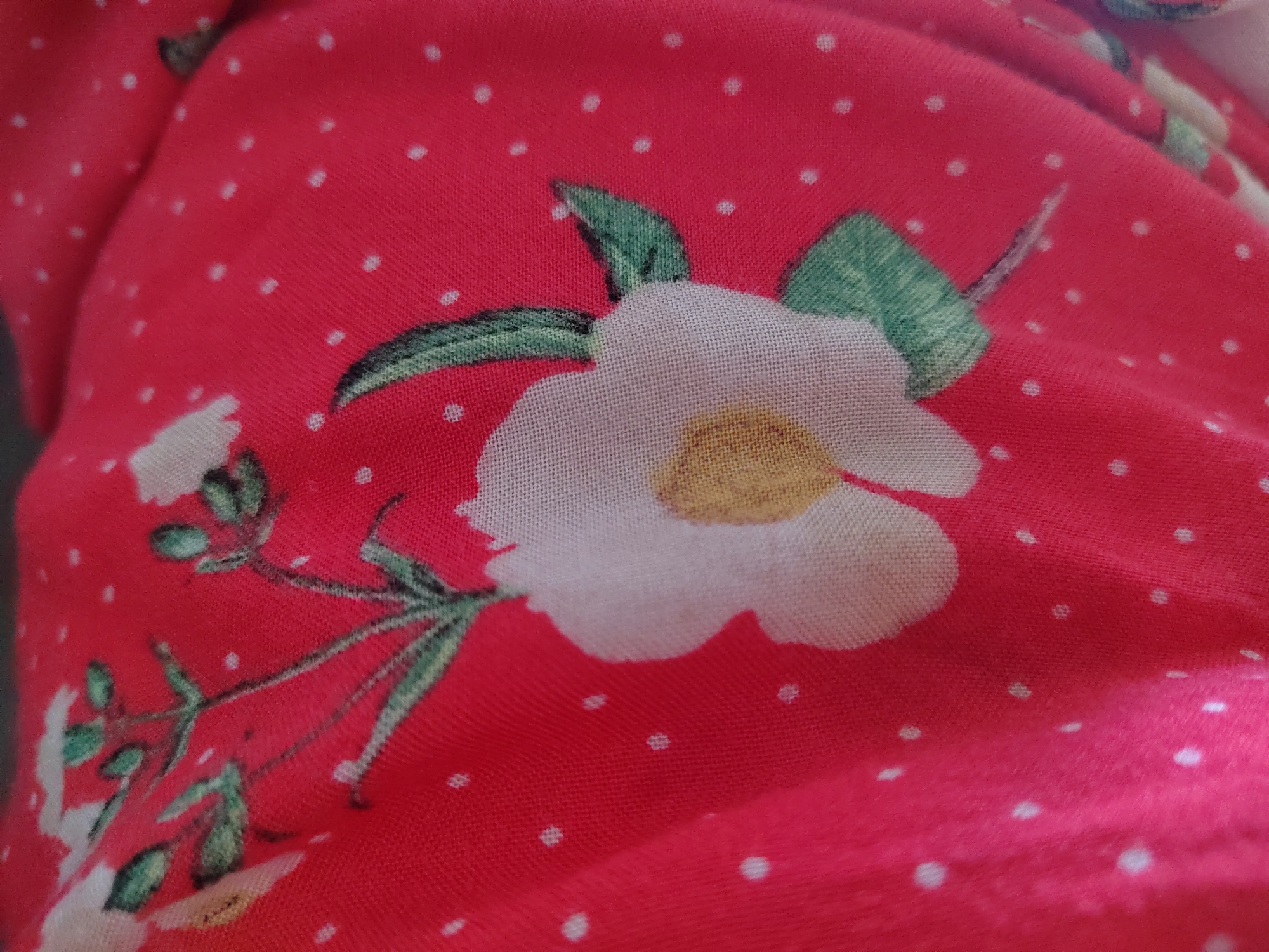 The image shows a close-up, abstract view of a red fabric with a white and green floral pattern and white polka dots. There are no discernible landmarks or environmental features indicating a specific location in Lobnya, Russia, or any other city. The fabric appears to be draped or creased.
