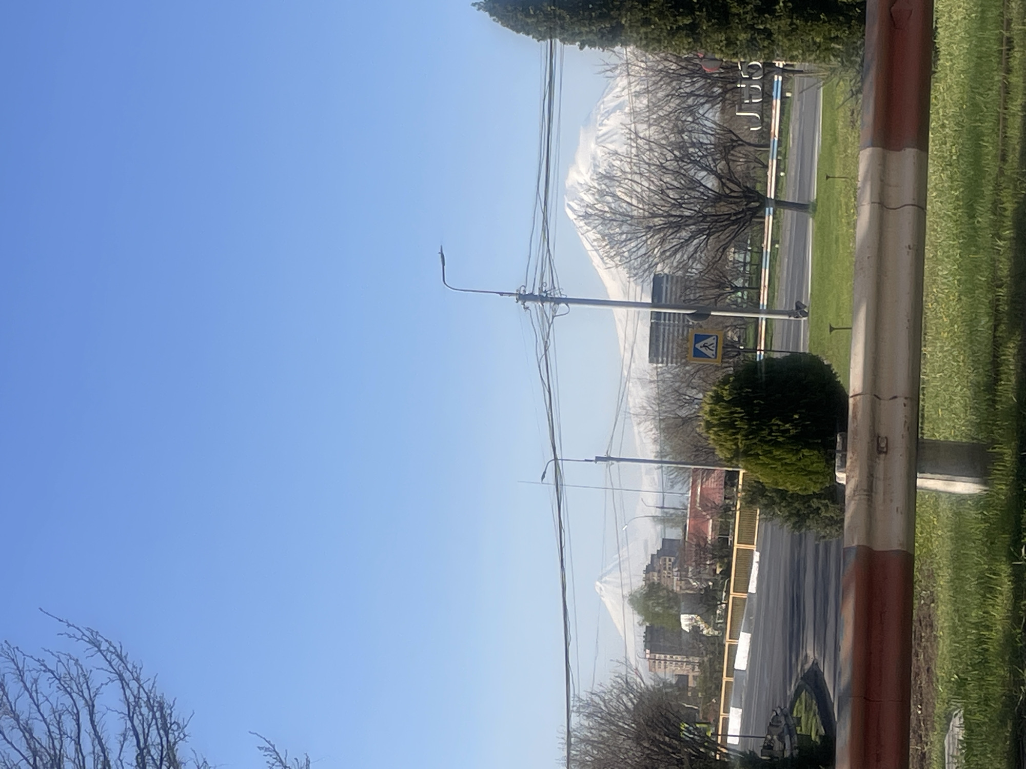 The image depicts a street scene in Yerevan, Armenia, with a distant view of Mount Ararat. The sky is clear blue. Power lines crisscross overhead. The foreground includes a metal guardrail, a green lawn, and various trees and shrubs. A pedestrian crossing sign is visible near a road. Further into the distance, buildings and other structures can be seen. The road appears to be paved.