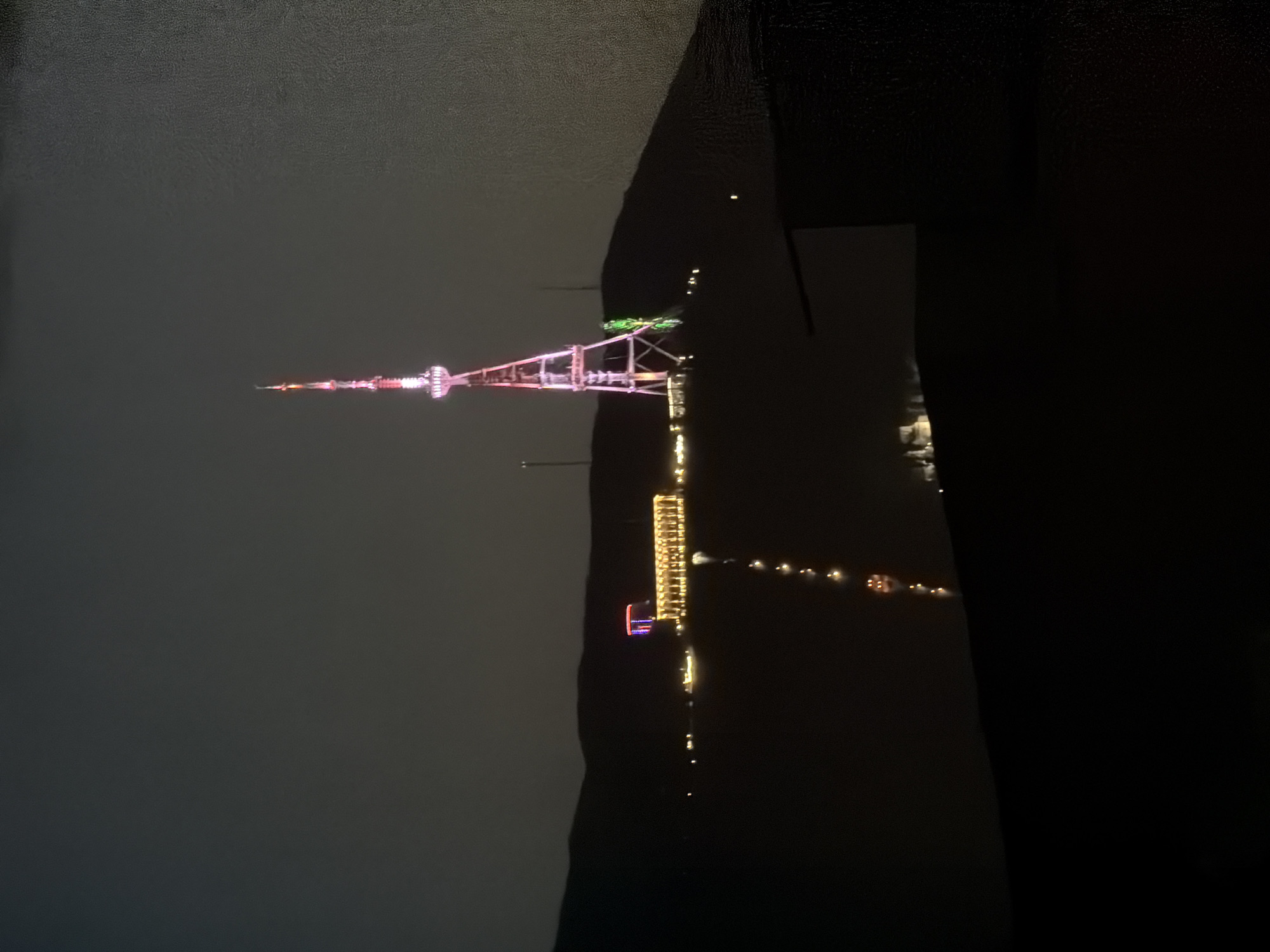 The image shows the Tbilisi TV Broadcasting Tower at night. The tower is lit up in pink and white. The environment appears to be obscured by low visibility. Several other buildings and street lights are visible in the background. The image is rotated and shows only half of the tower.