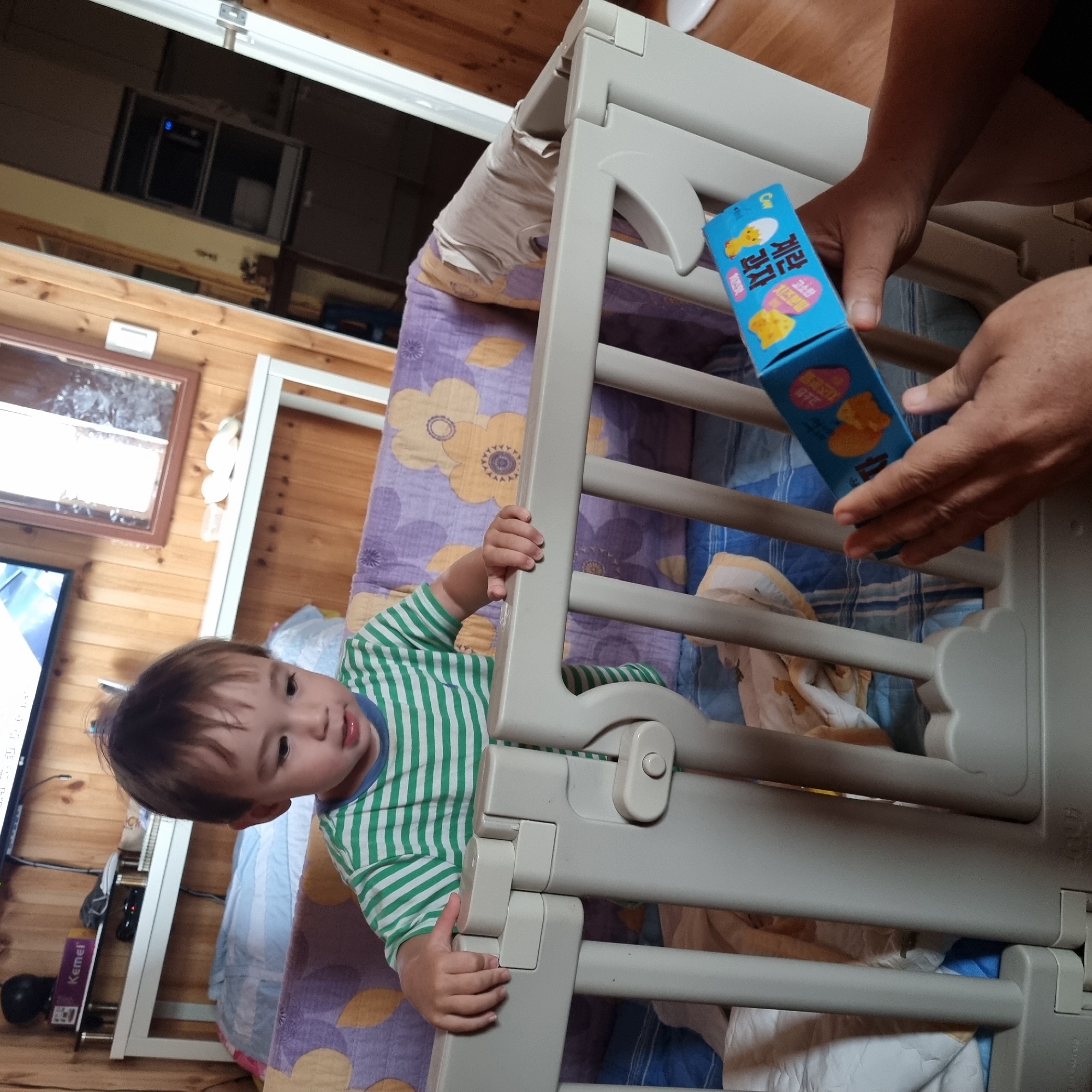 In Dunnae-myeon, South Korea, a young child wearing a green and white striped shirt is in a playpen. The child is looking towards something held by an unseen person. The playpen has a beige plastic frame and is lined with bedding. The background shows wooden walls, a television, and furniture, suggesting an indoor residential setting. A blue box with Korean text and illustrations of food items is being held by a hand and offered to the child. The scene appears to depict a moment of interaction between an adult and child.
