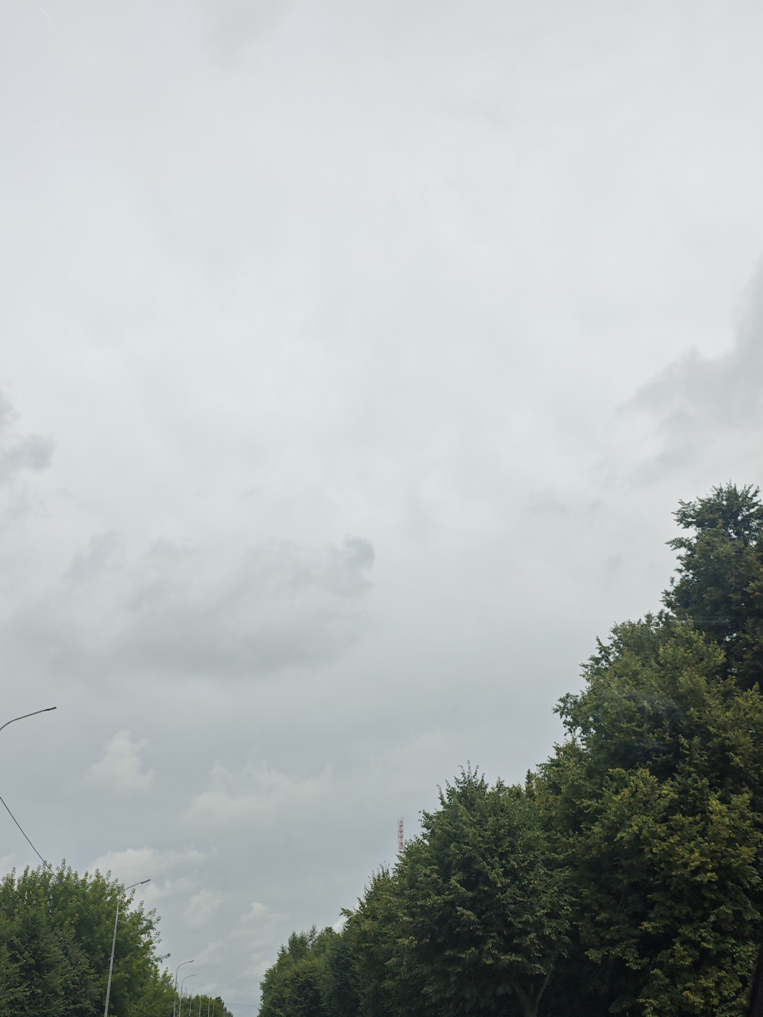 The image shows a cloudy sky over a tree-lined street. The trees are green and lush, and the sky is overcast with gray clouds. There are streetlights visible along the side of the road. In the distance, a tall red and white radio tower can be seen. The scene appears to be a typical urban or suburban environment, possibly taken during daylight hours given the visibility. The location is identified as Serpukhov, Russia.