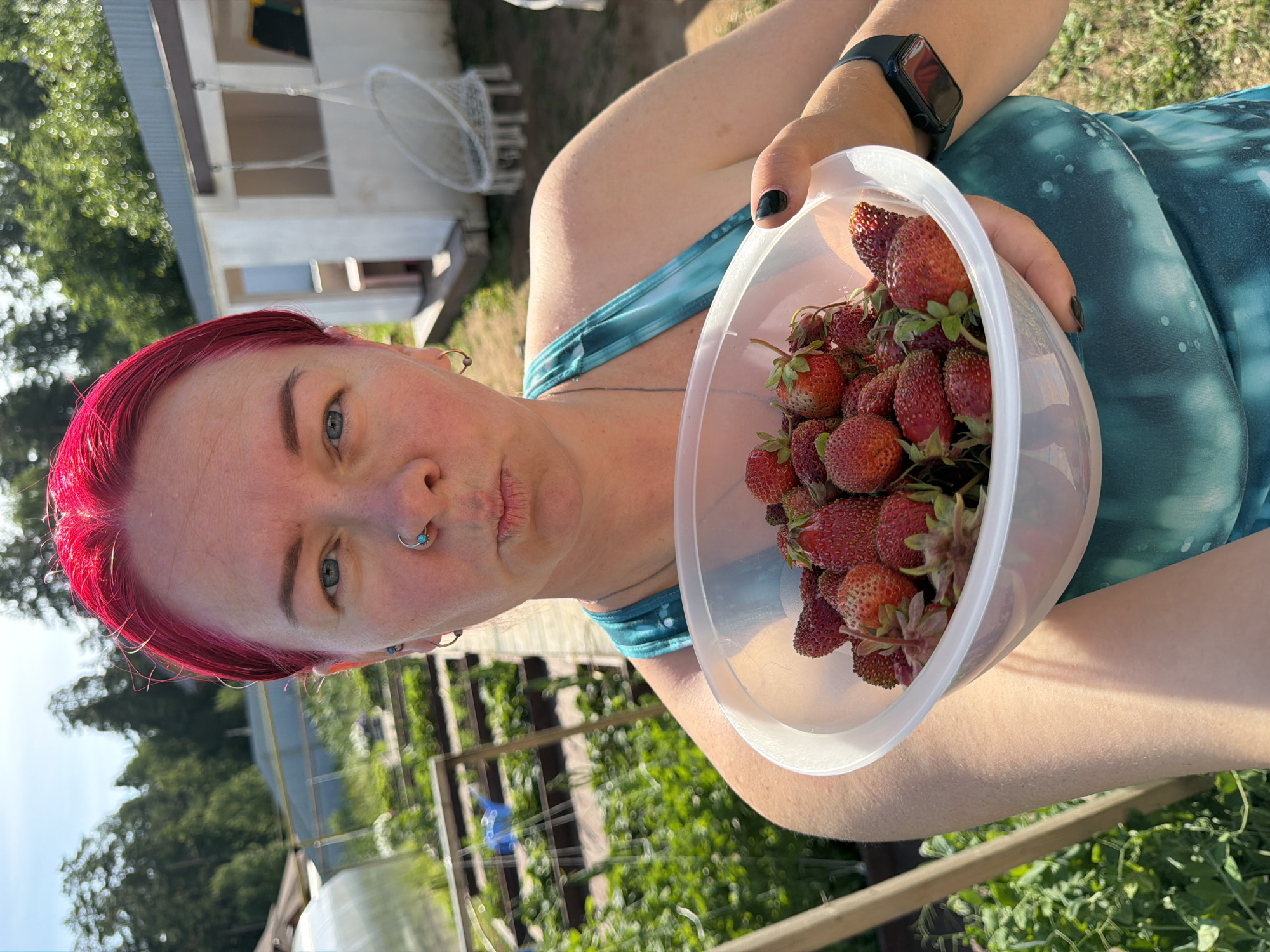 A young adult with bright pink hair, wearing a teal tie-dye tank top, poses for a selfie in a garden on a sunny day. They are holding a clear plastic bowl overflowing with fresh strawberries. The person has a nose ring and several earrings. In the background, there are raised garden beds with green plants, a greenhouse, and a small white building. The image appears to be taken in a rural or suburban setting, possibly a dacha outside of Chaikovsky, Russia.