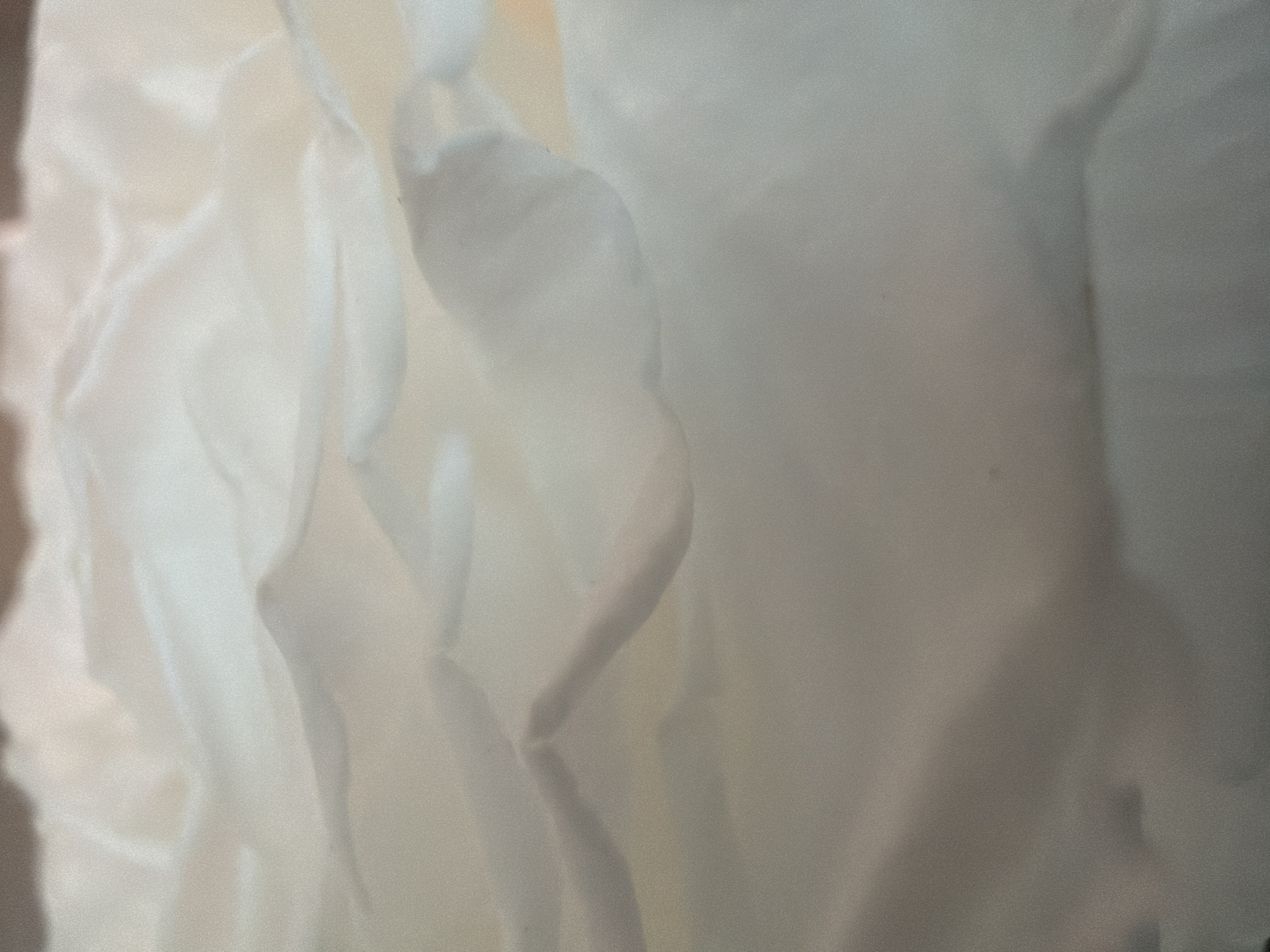 The image displays a close-up, abstract view of layered white fabric, possibly a rose petal or a similarly textured material. The lighting creates soft shadows and highlights, emphasizing the undulating folds and curves of the material. The texture appears delicate and smooth, with a slightly grainy quality due to the image resolution. The colors are predominantly white and off-white, with subtle variations in tone and shade. There are no discernible people, objects, or environmental details that would indicate a specific location within a city.
