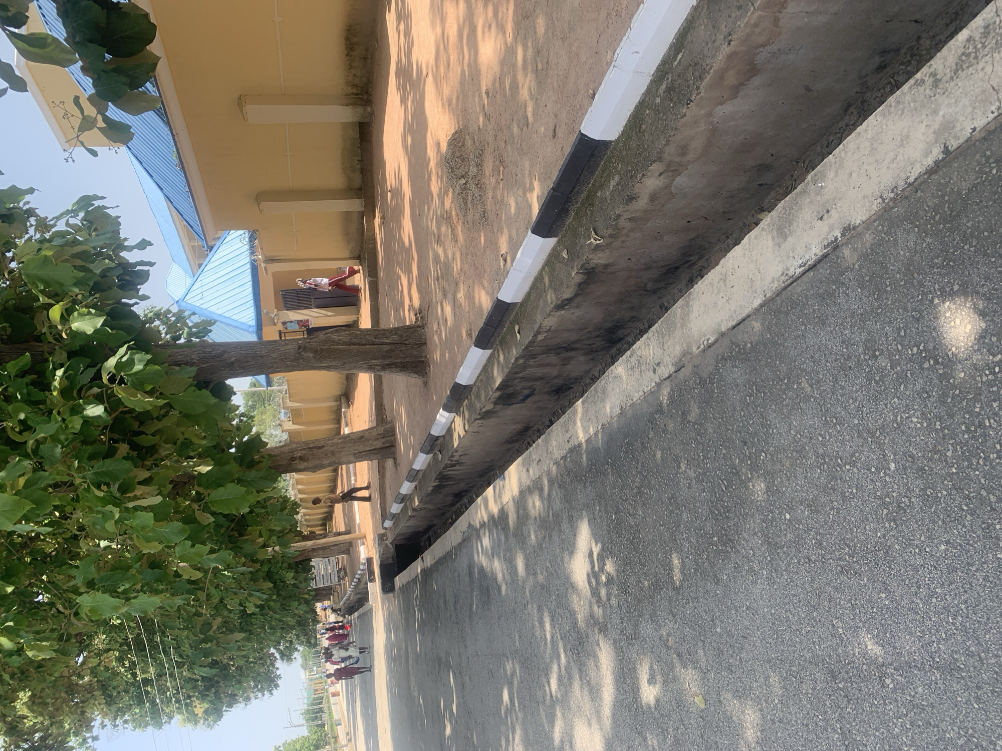 This image depicts an outdoor scene in Jalingo, Nigeria. A building with a light yellow facade and a blue corrugated metal roof is visible, supported by white pillars. In front of the building, there is a paved area with trees casting shadows. The ground next to the building features a concrete curb painted with alternating black and white stripes. To the right of the curb is an asphalt road.
Several people are present. Near the building, one person in a red and white outfit is seated, and another individual stands nearby. Further down the road, a group of people, some wearing white and red attire, are walking. There are also indications of motorbikes parked or in motion in the background.
The sun is bright, suggesting it is daytime, and the shadows indicate a clear, sunny day. The setting appears to be a communal area or pathway adjacent to a building, possibly a school or community center, given the presence of children and the general layout. The scene evokes a sense of everyday activity in a Nigerian locale. No visible text is present in the image.