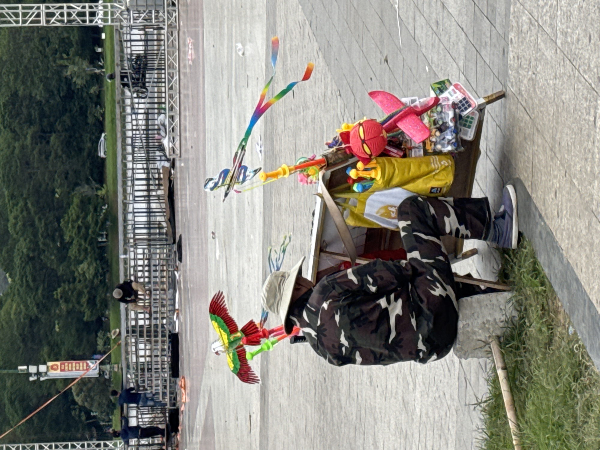 A lone vendor sits behind a stall of colorful toys, including kites, in a paved public area in Da Lat, Vietnam. The vendor, dressed in camouflage attire and a wide-brimmed hat, is seated on a stone block. The stall is laden with various toys, notably a large kite shaped like a hawk with outstretched wings, and other smaller kites with long, rainbow-colored tails. Behind the vendor, a metal barrier separates the paved area from a grassy expanse and a treeline. In the distance, more people can be seen near the barrier, and a white car is visible on a road among the trees. The overall scene suggests a park or recreational area, possibly near a market or event space, given the temporary-looking structures and fencing in the background.