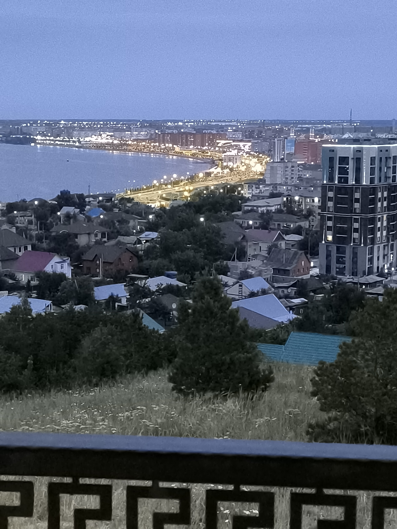 A high-angle, full shot captures a cityscape at dusk from a vantage point above a grassy slope with trees. In the foreground, a dark, ornate metal railing with a geometric pattern partially obscures the view. The middle ground reveals a dense residential area with numerous houses, varying in size, shape, and roof color, interspersed with dark green trees. A striking, modern, multi-story building with a grid-like facade and illuminated windows stands out among the other structures. Beyond the residential zone, a body of water stretches into the distance, bordered by a well-lit promenade or road lined with streetlights. The background displays a sprawling urban landscape with numerous buildings and lights, fading into a hazy horizon under a pale blue, twilight sky.