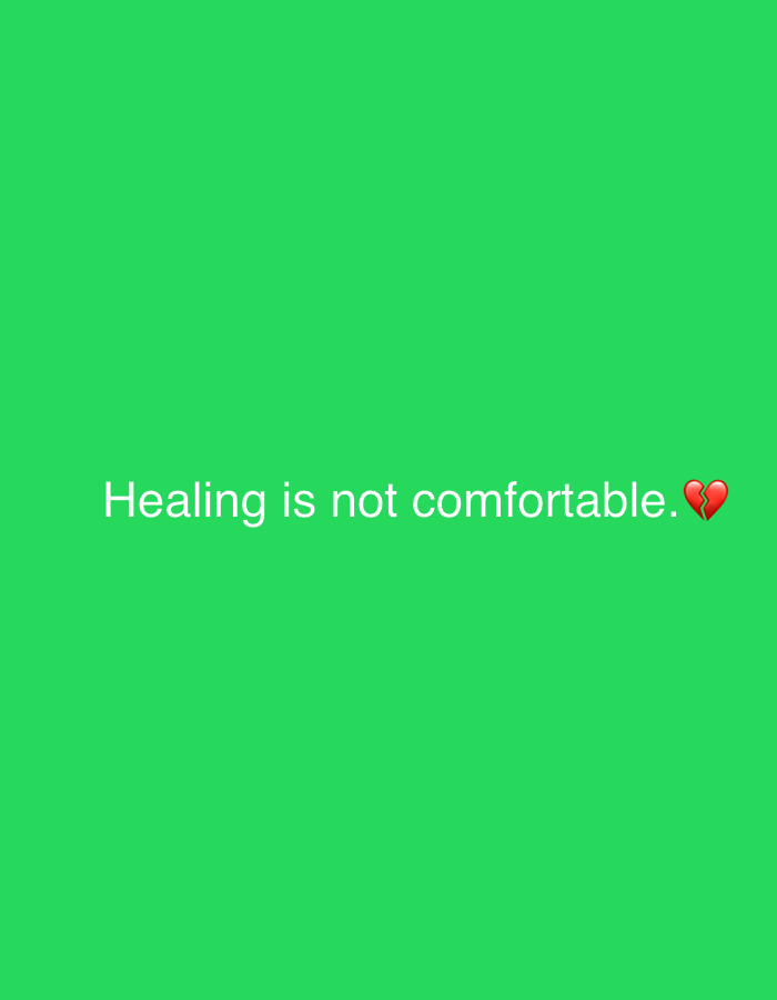 The image displays a plain, solid green background. Centered on this vibrant green field, a sentence is written in white, sans-serif text: "Healing is not comfortable." Following the period at the end of the sentence, a red broken heart emoji (💔) is present.
There are no discernible people, objects, or specific activities taking place. The setting is abstract, devoid of any environmental cues such as weather, time of day, or specific geographical location. The combination of the text and the broken heart emoji conveys themes of emotional struggle, pain, and the inherent difficulty often associated with the process of healing, particularly in the context of emotional wounds or heartbreak. The image's simplicity emphasizes the message. There are no visual elements to connect it to the provided location context of Sofiivska Borshchahivka, Ukraine.