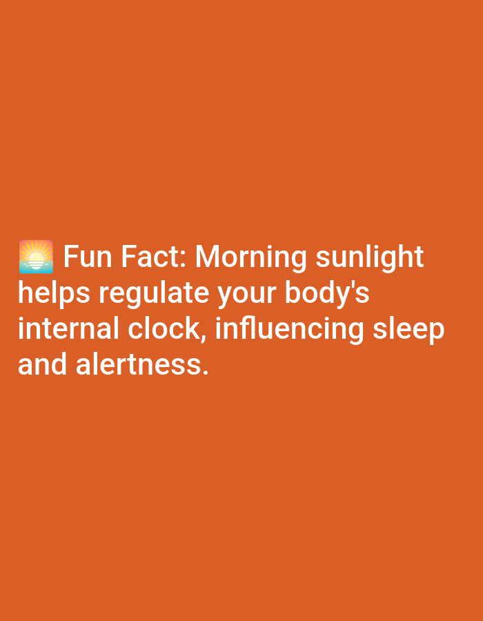 The image is a simple graphic with white text on an orange background. An emoji of a sunrise over water is to the left of the text. The text reads "Fun Fact: Morning sunlight helps regulate your body's internal clock, influencing sleep and alertness." There is no identifiable location in Lagos, Nigeria, or any people or specific objects other than the text and emoji.