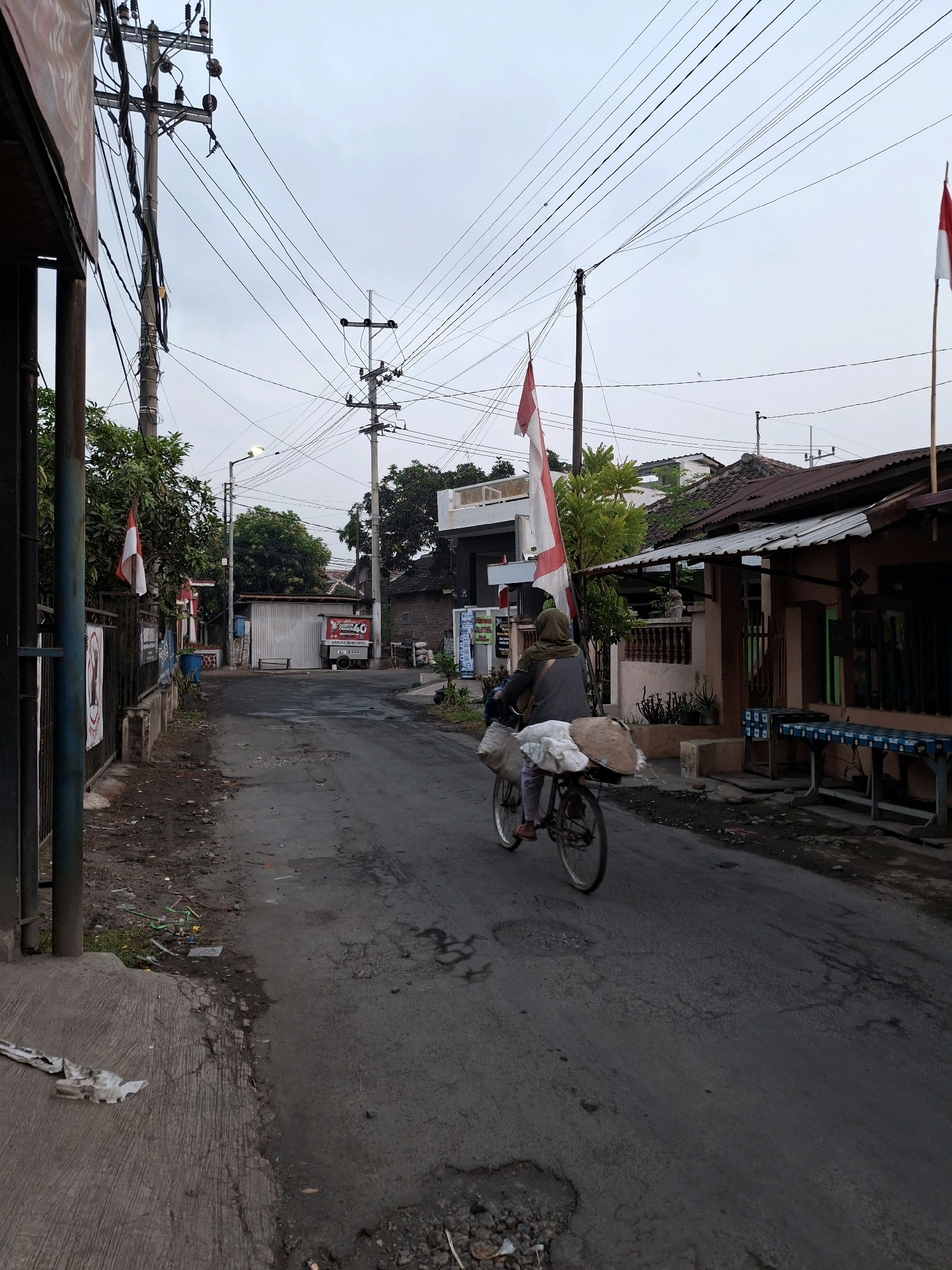 The image depicts a residential street in Lumajang, Indonesia, likely in a suburban or rural area, given the presence of houses, trees, and utility poles. The sky is overcast, suggesting a cloudy day. In the foreground, a person is riding a bicycle laden with goods. The bicycle is moving away from the camera on a paved road that shows signs of wear and tear, including potholes. The rider, wearing a headscarf and casual clothing, is the primary human subject.
The street is lined with fences, houses, and some small businesses or kiosks. Indonesian flags are visible, suggesting a national holiday or a patriotic display. There are numerous utility poles and electrical wires crisscrossing the sky, a common sight in many Indonesian urban and semi-urban environments. Vegetation, including trees and bushes, is present along the sides of the road and around the houses. Some debris and litter are visible on the side of the road and sidewalk, indicating an unkempt area. On the right side of the image, there are tables with checkered tablecloths, possibly set up outside a food stall or residential area.