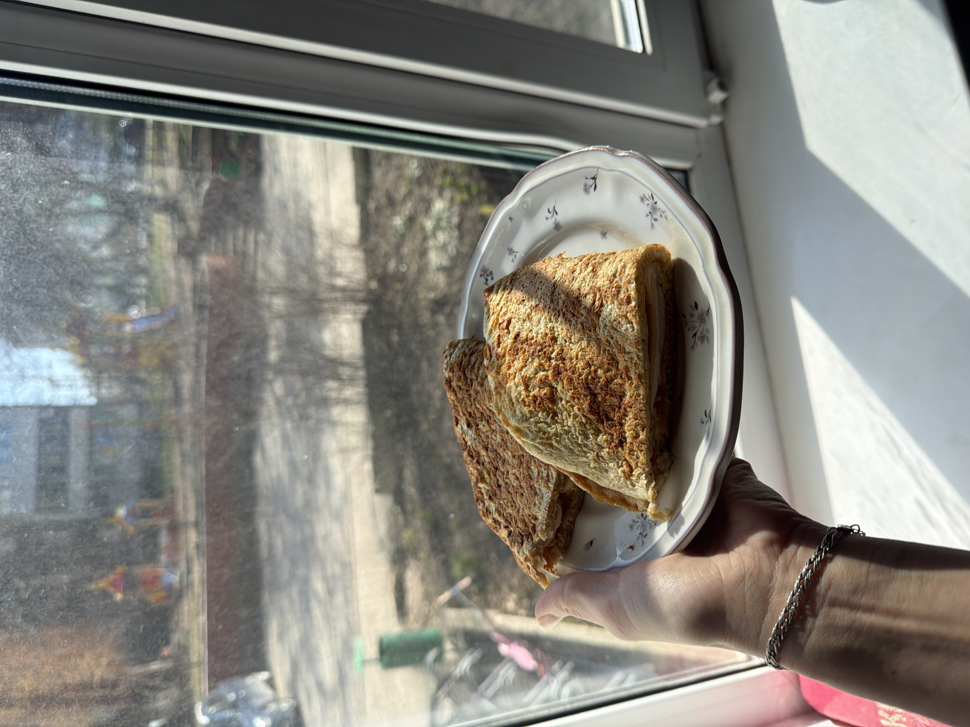 A person is holding a plate with what appears to be food near a window. The food looks like folded pancakes or crepes. The plate is white with a floral pattern. The person is wearing a bracelet on their wrist. The window is somewhat dirty and there is an outdoor scene visible through it, including what looks like trees, buildings and possibly a bicycle. The environment seems to be a well-lit indoor space. No specific details in the image support the claim that the location is Perm, Russia.