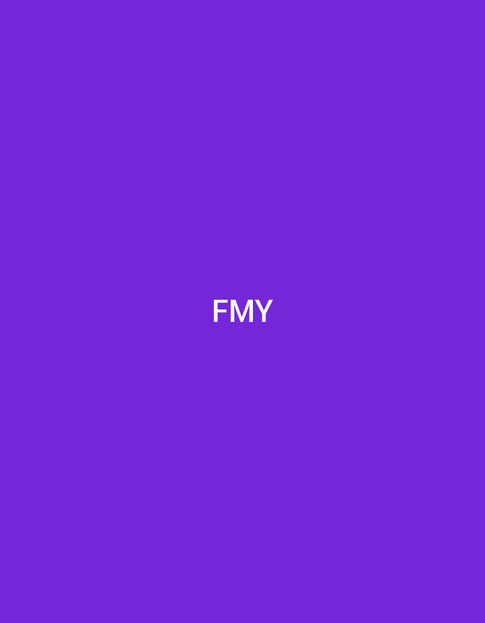 The image consists of a solid, uniform purple background. Centered within the frame are the capital letters "FMY" rendered in white, sans-serif typography. There are no other discernible subjects, objects, individuals, actions, or environmental details present. This scene is identified as being located in Casablanca, Morocco.