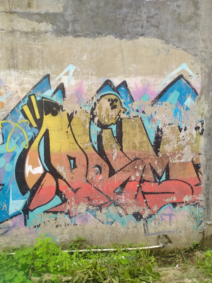 The image captures a weathered concrete wall in Karanganyar, Indonesia, covered in colorful graffiti art. The wall itself shows significant signs of age and decay, with large sections of paint having peeled, chipped, or faded, revealing the rough concrete texture beneath.
The graffiti consists of highly stylized, blocky letters or shapes, rendered in a "wildstyle" fashion, making them challenging to read explicitly. The dominant colors within the artwork are bright yellow, transitioning into orange and red towards the lower sections of the letters, all outlined with thick black lines. Splashes of lighter blue and hints of pink spray paint form a background behind these main elements, adding depth to the piece. A notable detail within one of the central letters is a small, face-like feature.
At the base of the wall, a vibrant patch of green foliage, comprising small plants and grass, grows, partially obscuring a thin white pipe or hose that runs horizontally across the bottom of the frame. The scene is illuminated by daylight, suggesting it was captured during the day with clear visibility and no harsh shadows. The overall impression is one of urban artistic expression on a deteriorating urban surface.