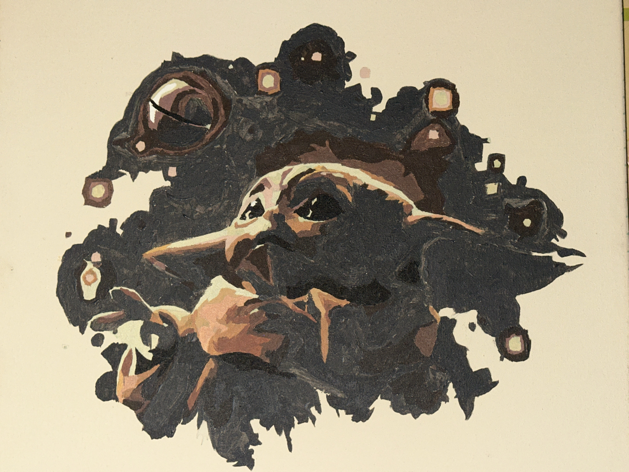The image displays a paint-by-number artwork, featuring a stylized rendering of Grogu ("Baby Yoda") from Star Wars. The character occupies the center, exhibiting large dark eyes, pointed ears, and a small nose, with skin tones depicted in segmented areas of beige, light brown, and pale green. A pale hand is visible in the lower-left portion of the character's form. This figure is enveloped by an amorphous mass of dark blue-gray and black paint, punctuated by several small, glowing square and circular shapes with bright centers. A prominent oval shape, dark brown with a lighter inner ring and a central black slit, is visible in the upper-left area of the dark mass, resembling an eye. The background is a uniform light beige.