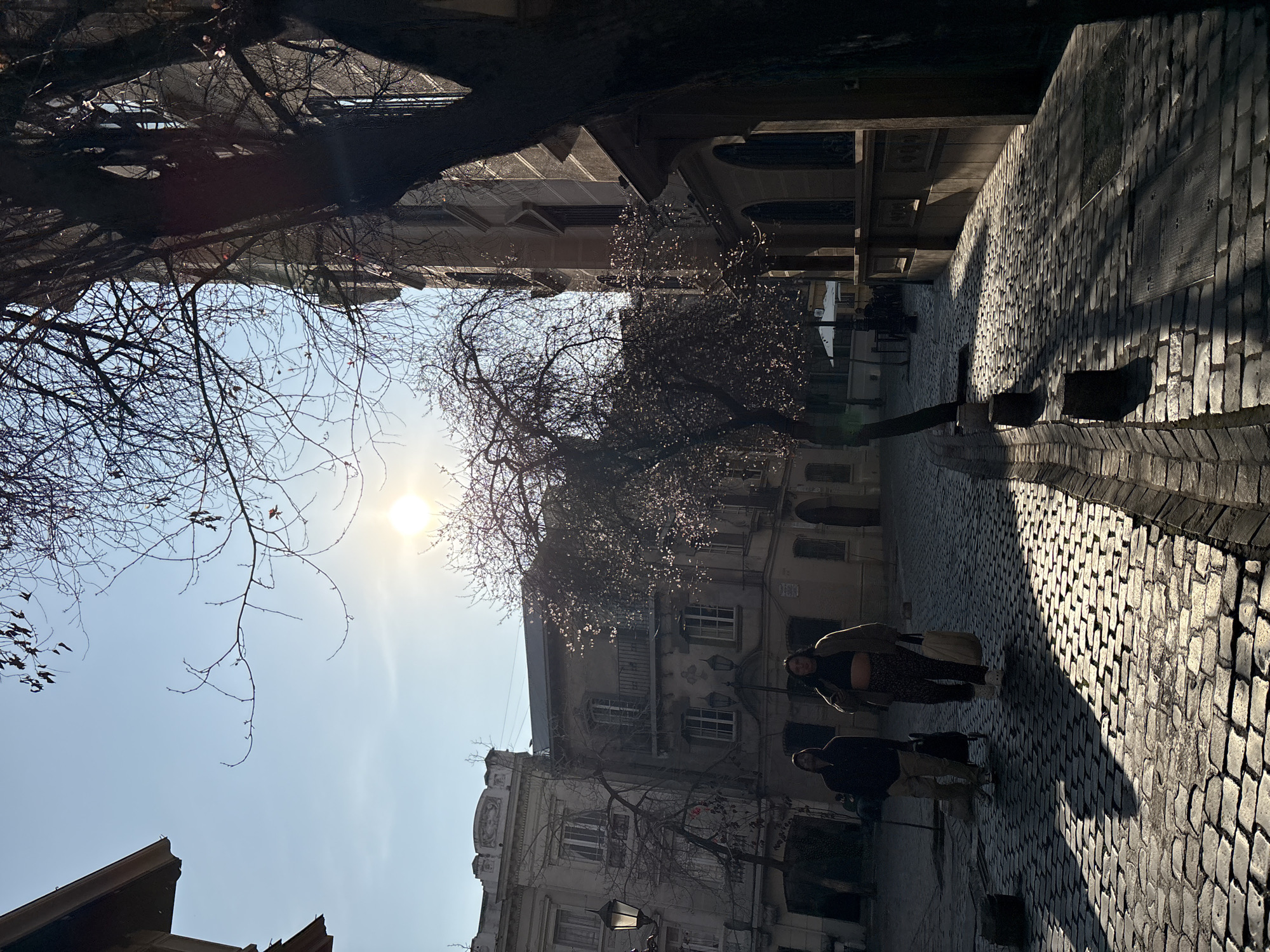 The image captures a sunny street scene in Santiago, Chile, specifically in the area of Barrio Lastarria. The cobblestone street is illuminated by a low-lying sun, casting long shadows from the trees and buildings. Two individuals are walking on the street, one with a shopping cart. The architecture of the buildings suggests an older European influence, common in parts of Santiago. Bare trees with delicate blossoms are visible, indicating it may be spring. The sky is clear and blue with the sun prominently featured, creating a bright and airy atmosphere.