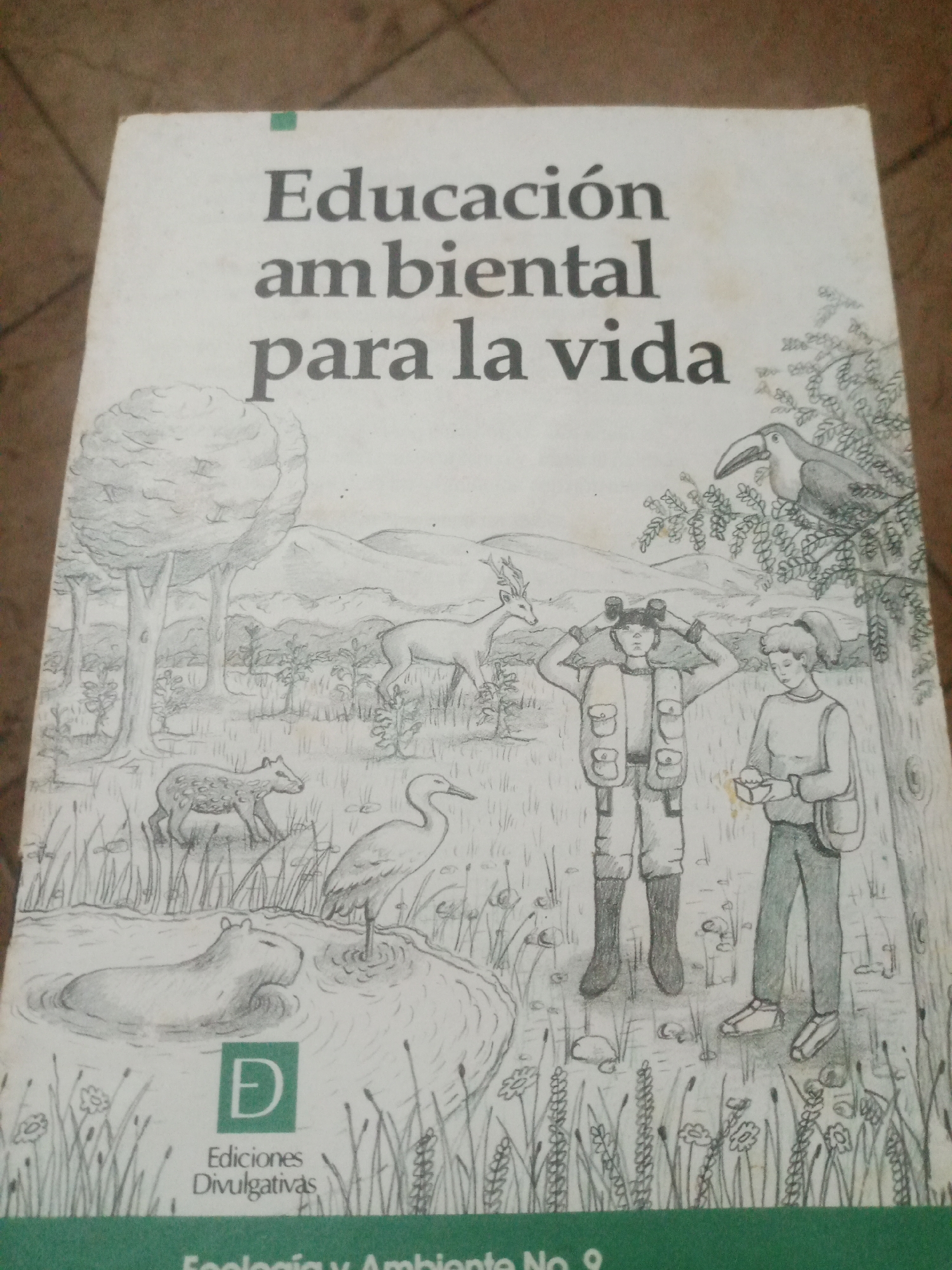 The image is a close-up of the cover of a book titled "Educación ambiental para la vida" (Environmental Education for Life). The cover features a pencil drawing of a natural scene. In the foreground, a capybara floats in a body of water surrounded by reeds and small flowers. A wading bird stands in the water to the right of the capybara. In the middle ground, two young people, a boy wearing binoculars and a vest, and a girl holding a small box, are observing the environment. Behind them, a deer stands in a grassy field with trees and hills in the background. A toucan is perched on a tree branch in the upper right corner. The bottom of the cover includes a logo for "Ediciones Divulgativas" and a green band with text that is partially visible. The image does not contain any information about the city of Santa Ana, Venezuela.