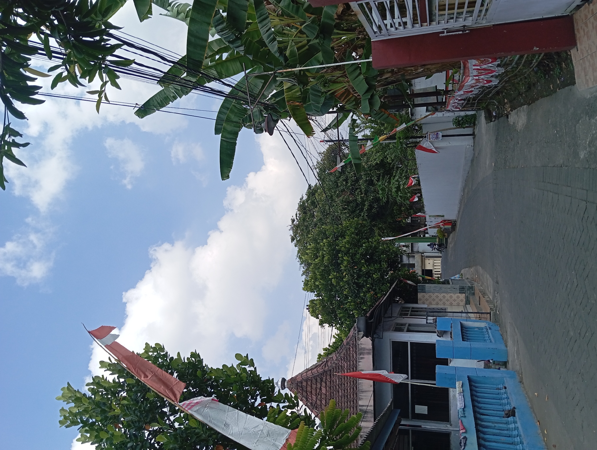 The image depicts a street scene in Kepulungan, Indonesia, under a bright blue sky with scattered white clouds. The street is paved with interlocking bricks and curves gently into the distance. On the left side of the street, a low blue-painted fence with vertical railings borders a building with a brown tiled roof. Red and white Indonesian flags are displayed prominently on poles and strung across the street, suggesting a festive or patriotic occasion.
To the right of the street, there is a red-painted gate with a white metal fence panel. A large banana tree with broad green leaves dominates the right side of the frame, its branches reaching towards the sky and interlaced with numerous black electrical wires. Several smaller Indonesian flags are also visible along the right side of the street, attached to a fence. Further down the street, a person is seen riding a motorcycle. Lush green trees are present throughout the scene, providing a natural backdrop to the urban environment.